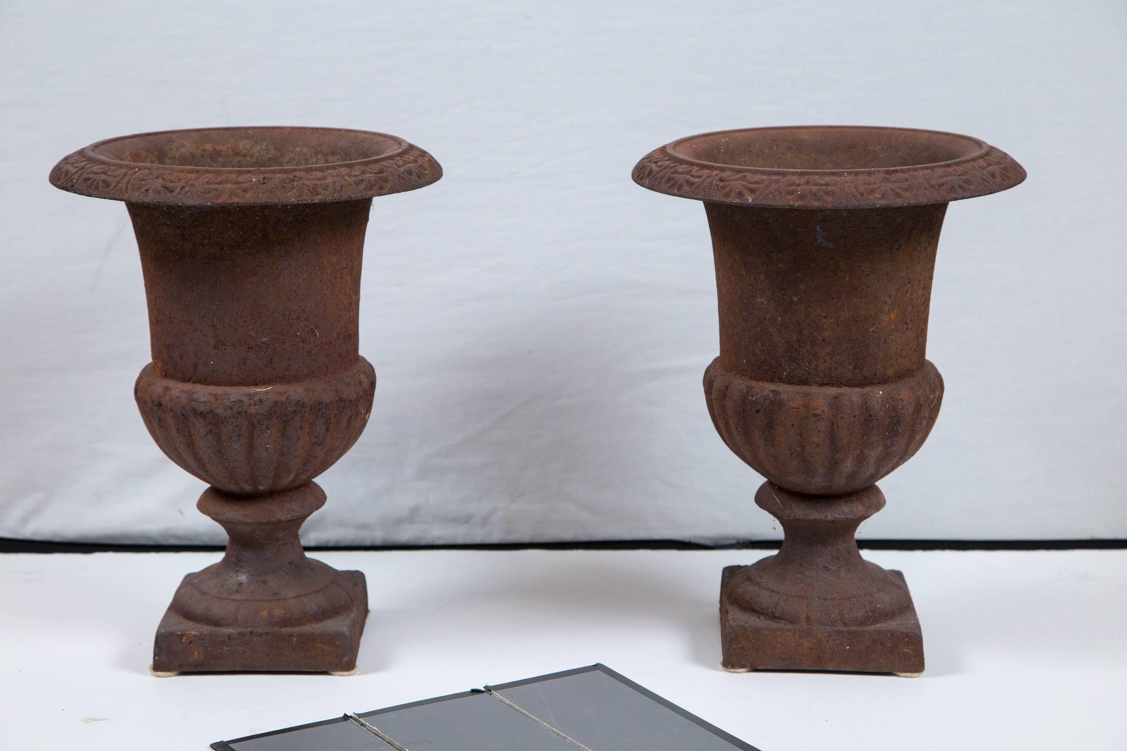 Pair of vintage cast iron planters, circa 1920. Great shape and details with weathered and aged patina.