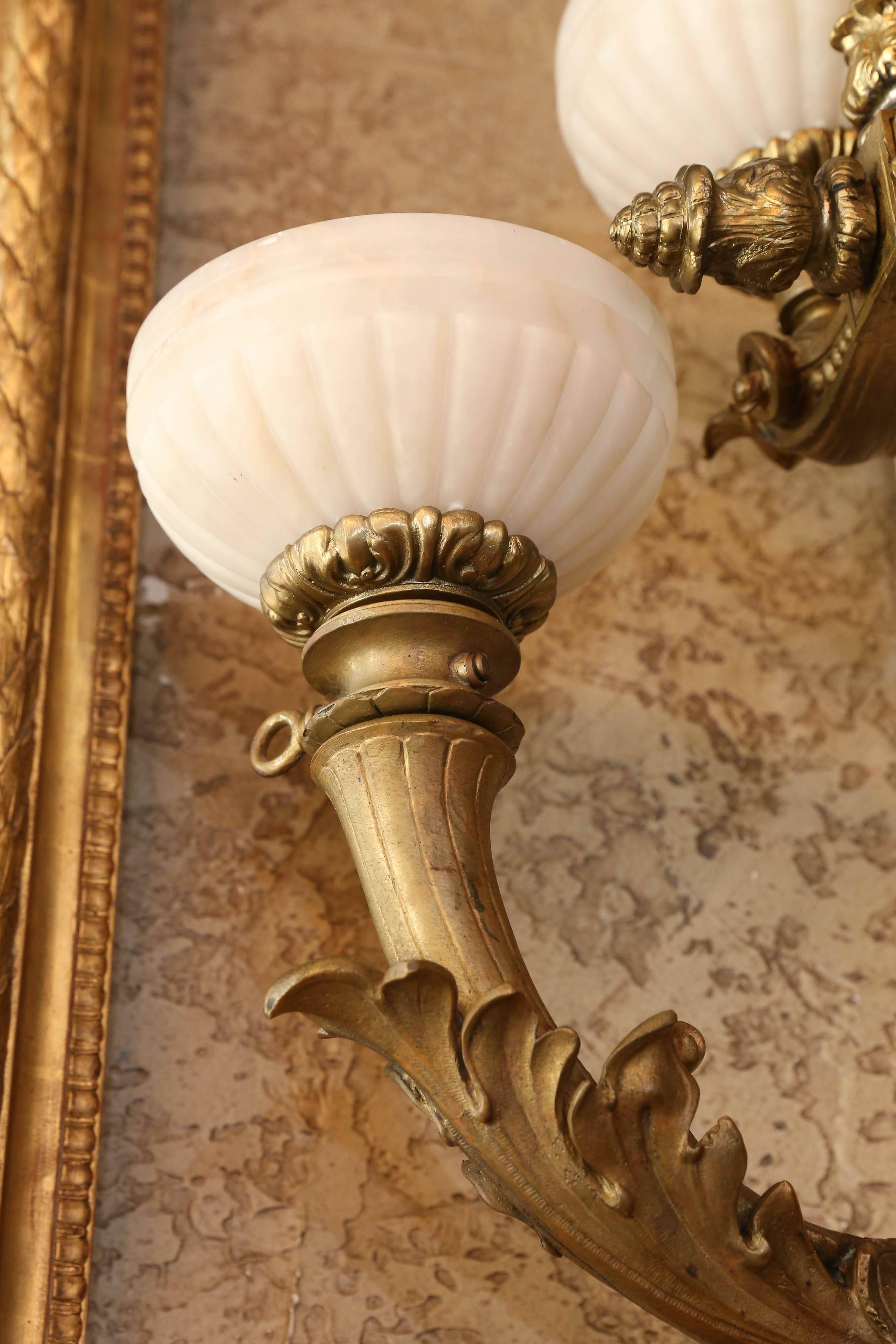 Palace size French Louis XV Style Bronze Dore  and White Alabaster Shades For Sale 1