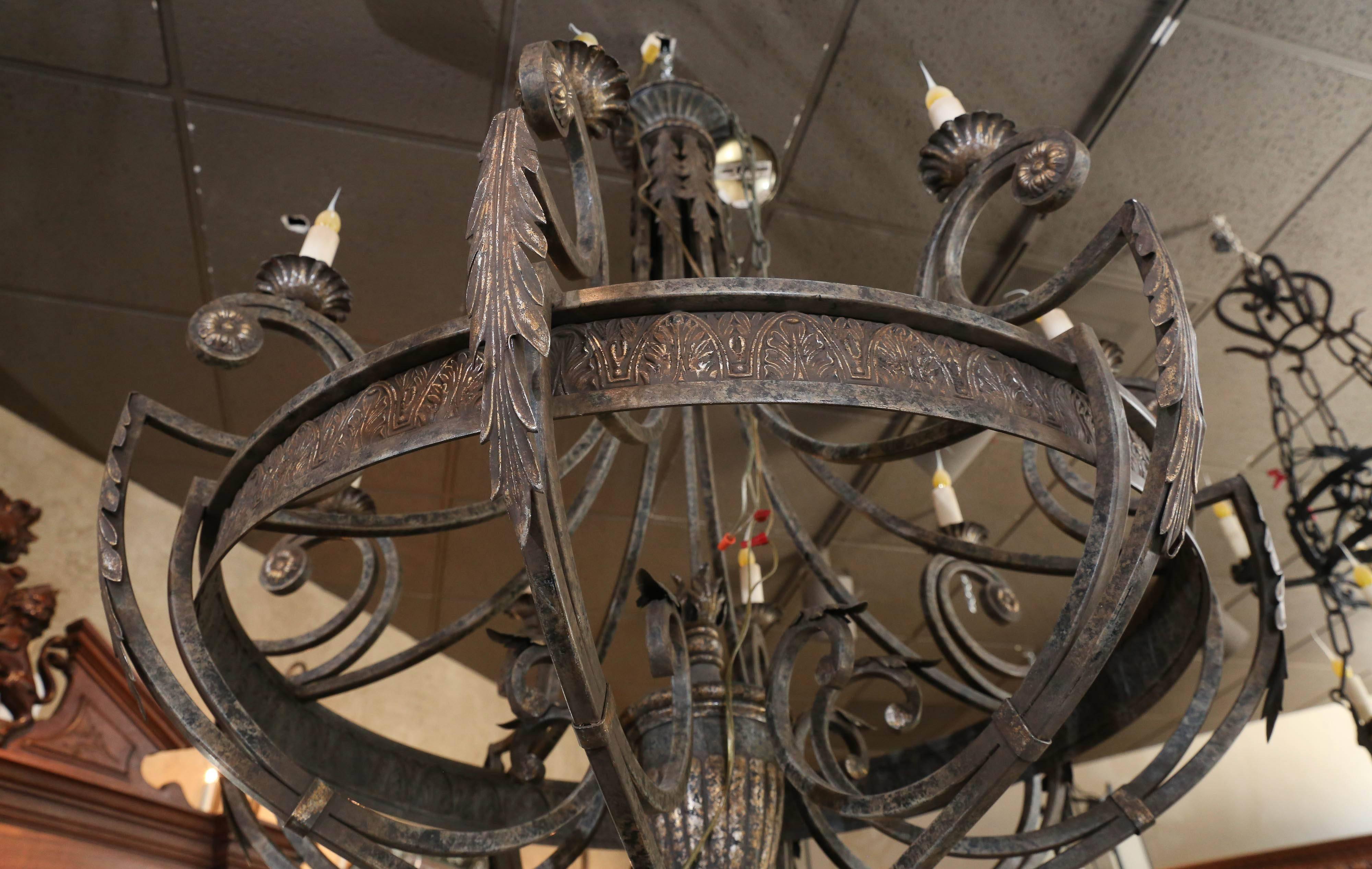  Pair ofLarge  Iron Chandeliers  accented with pale gilt highlights  2