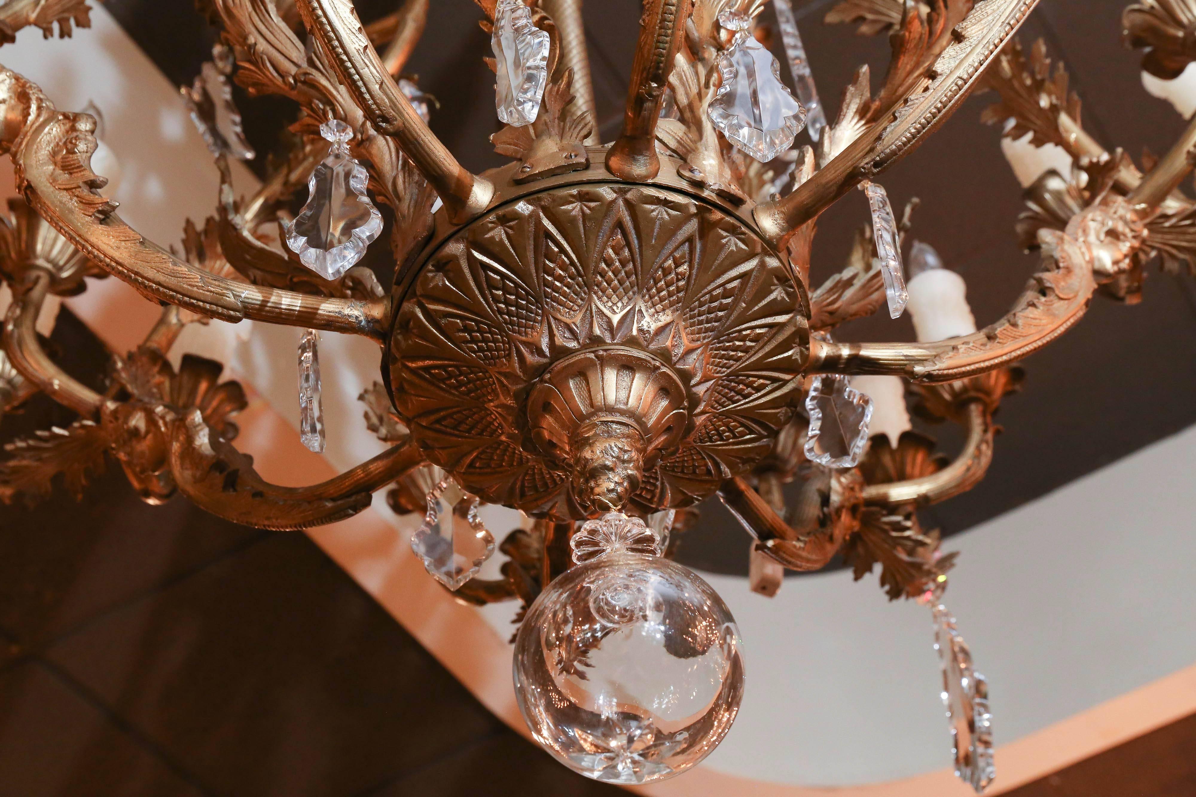 Italian Large European Bronze Dore and Crystal Chandelier with 37 Lights For Sale