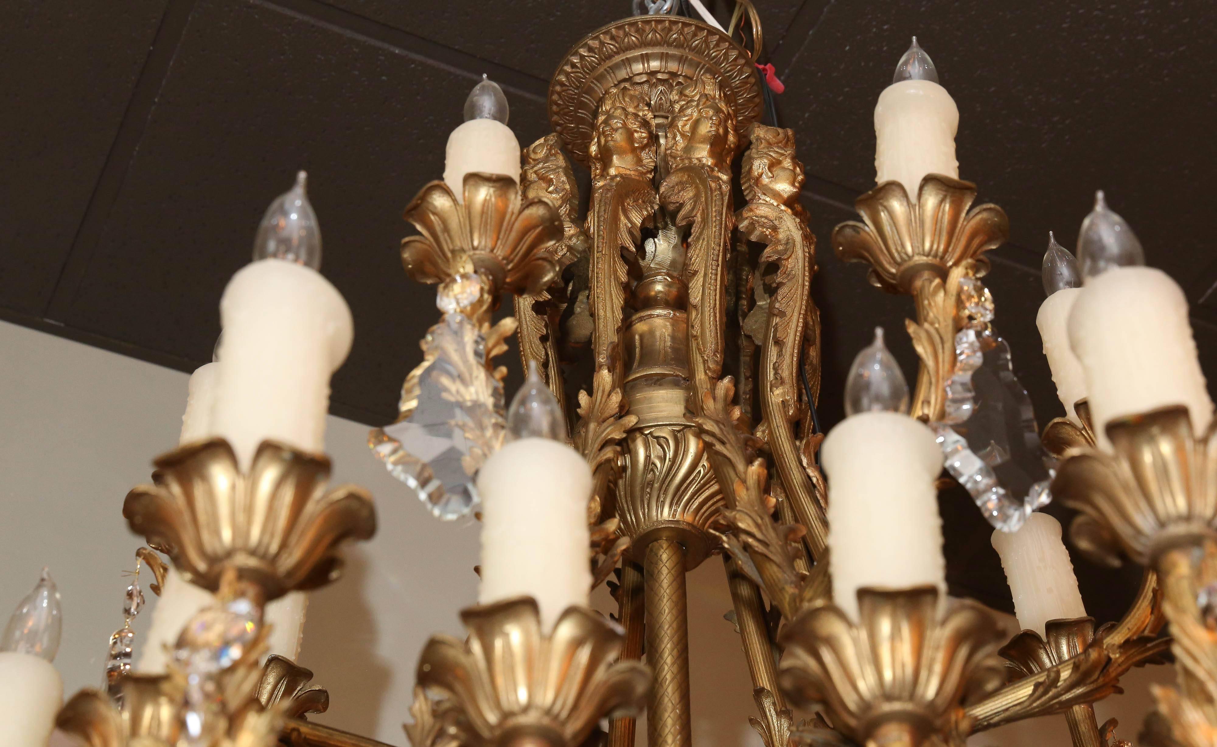 20th Century Large European Bronze Dore and Crystal Chandelier with 37 Lights For Sale