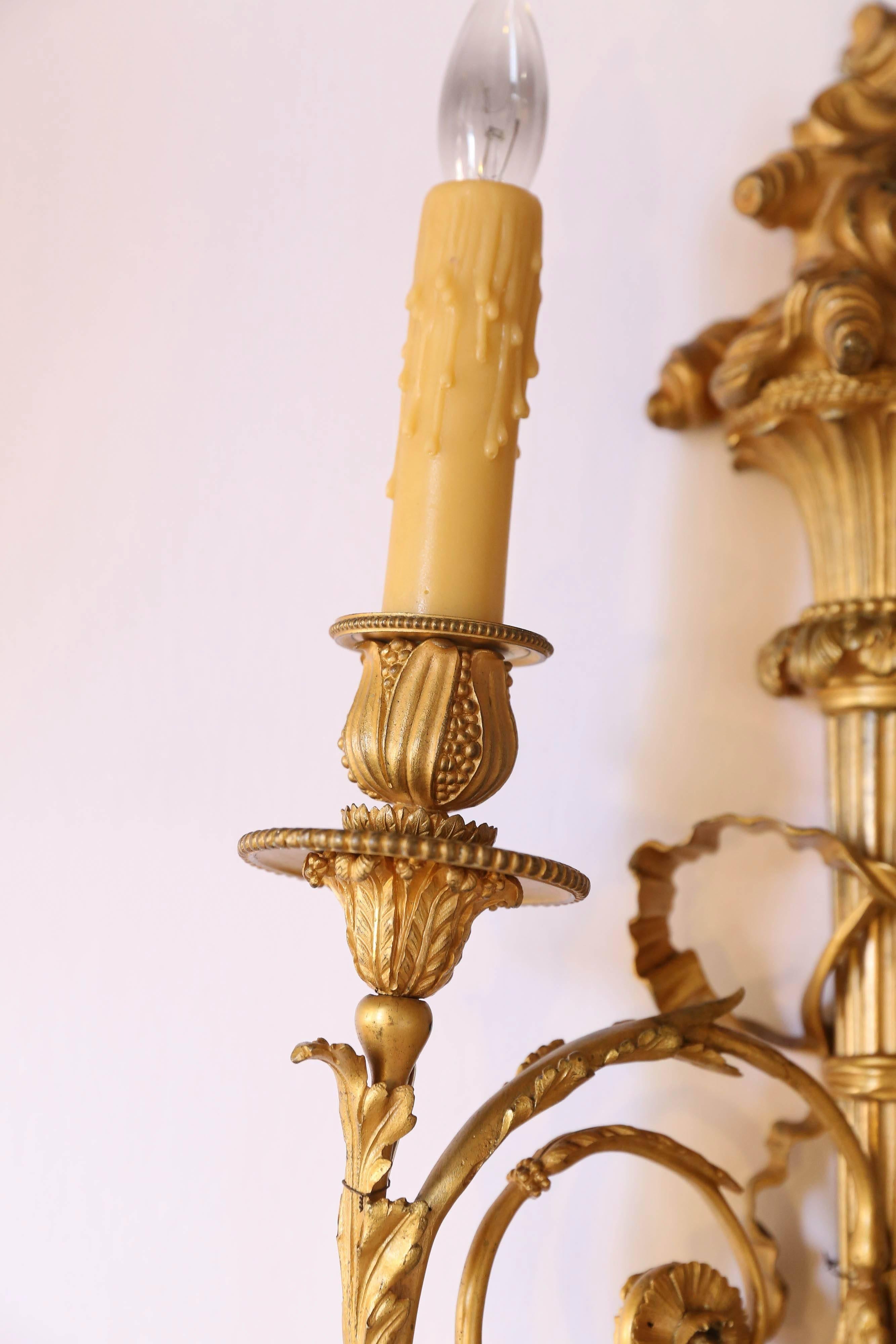 Pair of 19th Century French Neoclassic Gilt Bronze Sconces, Three Lights, Wired In Excellent Condition For Sale In Houston, TX