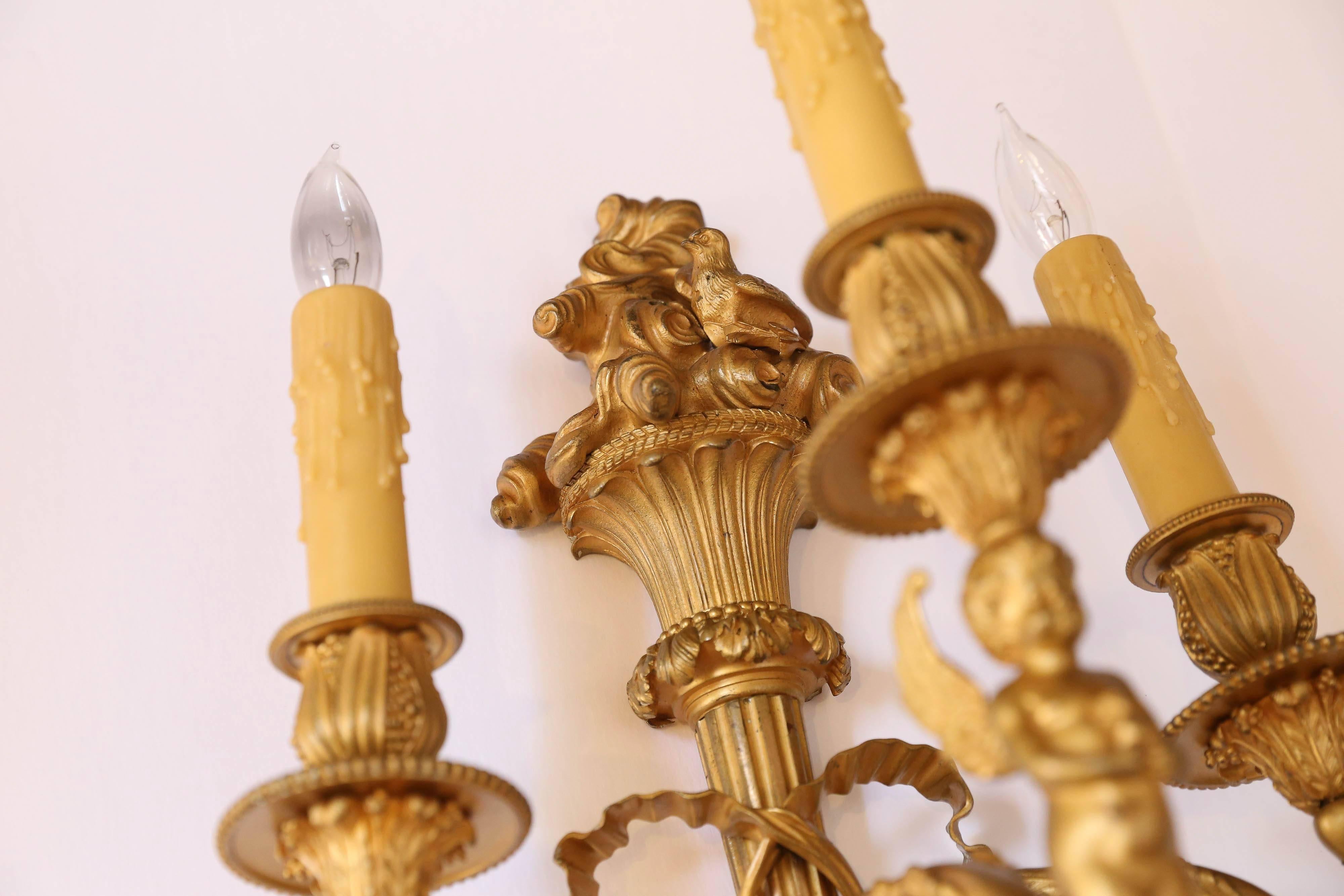 Pair of 19th Century French Neoclassic Gilt Bronze Sconces, Three Lights, Wired For Sale 3