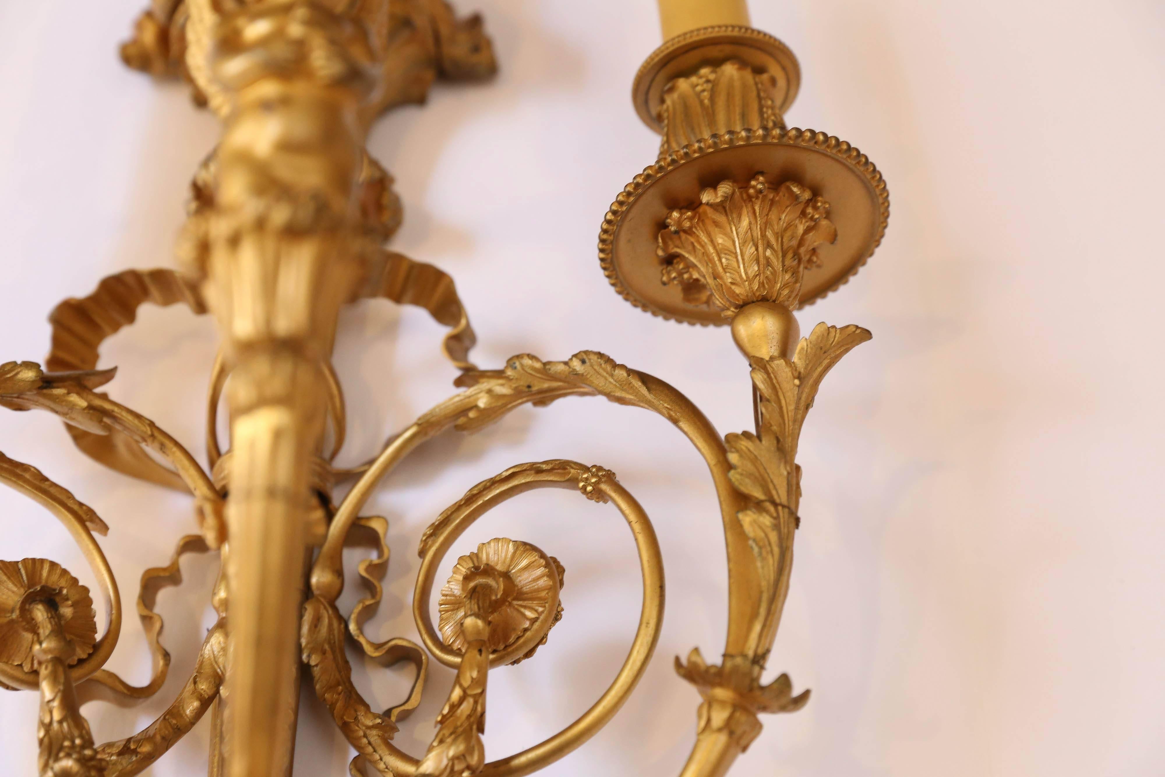 Pair of 19th Century French Neoclassic Gilt Bronze Sconces, Three Lights, Wired For Sale 6