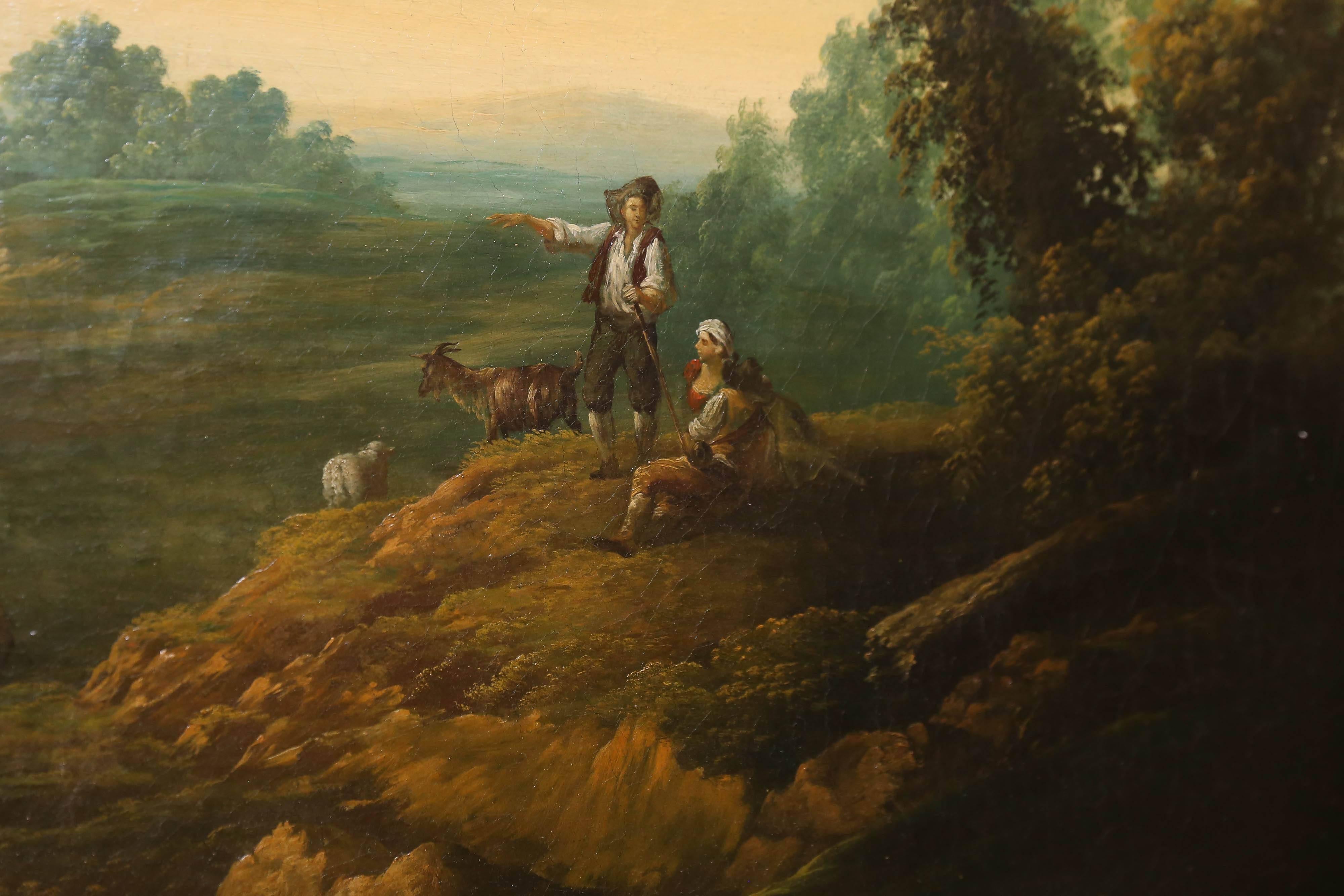 French Oil on Canvas, Pastoral Landscape Depicting Shepherds In Excellent Condition In Houston, TX