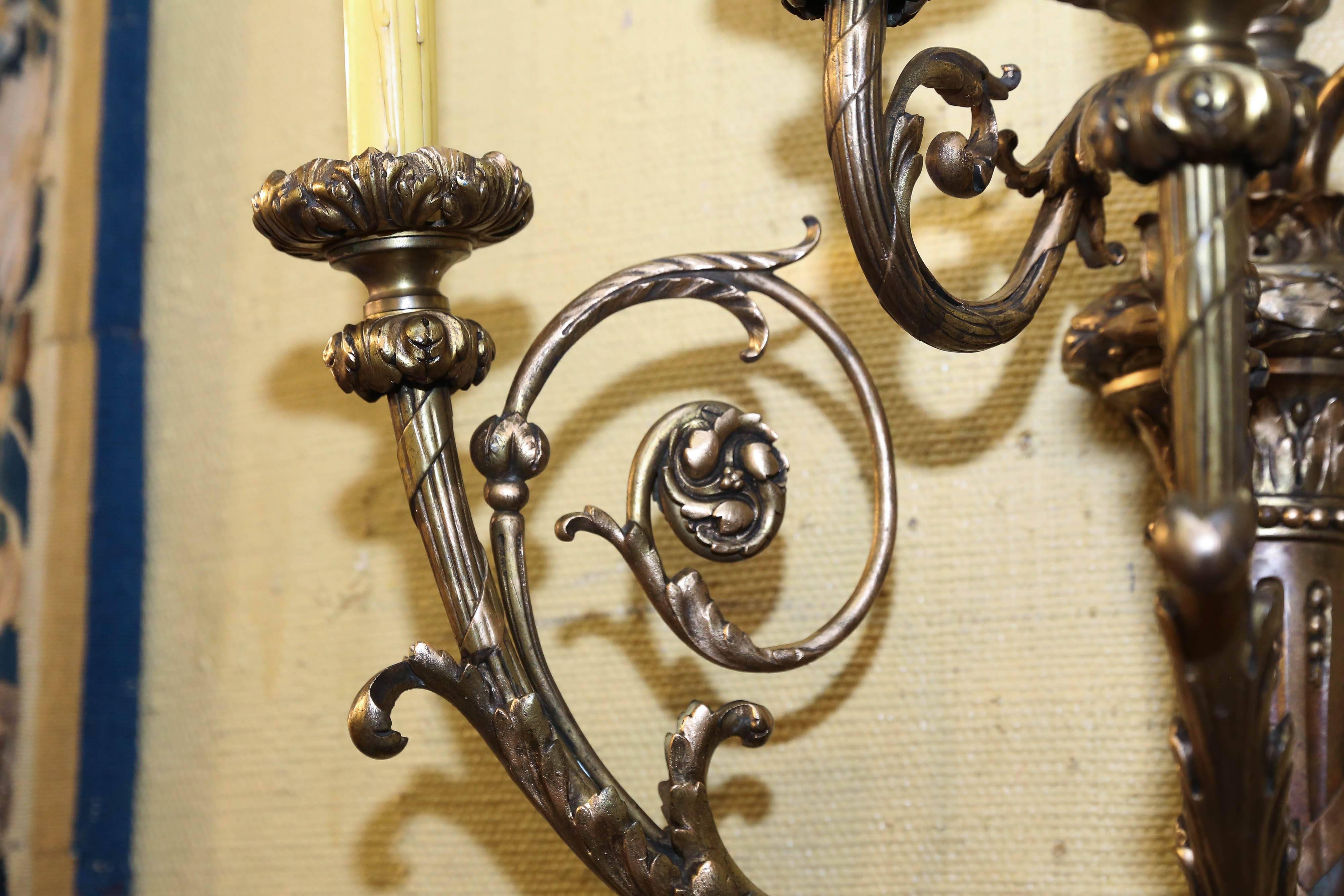 Pair of Very Large French Antique Bronze Sconces, Five Lights, Wired In Good Condition In Houston, TX