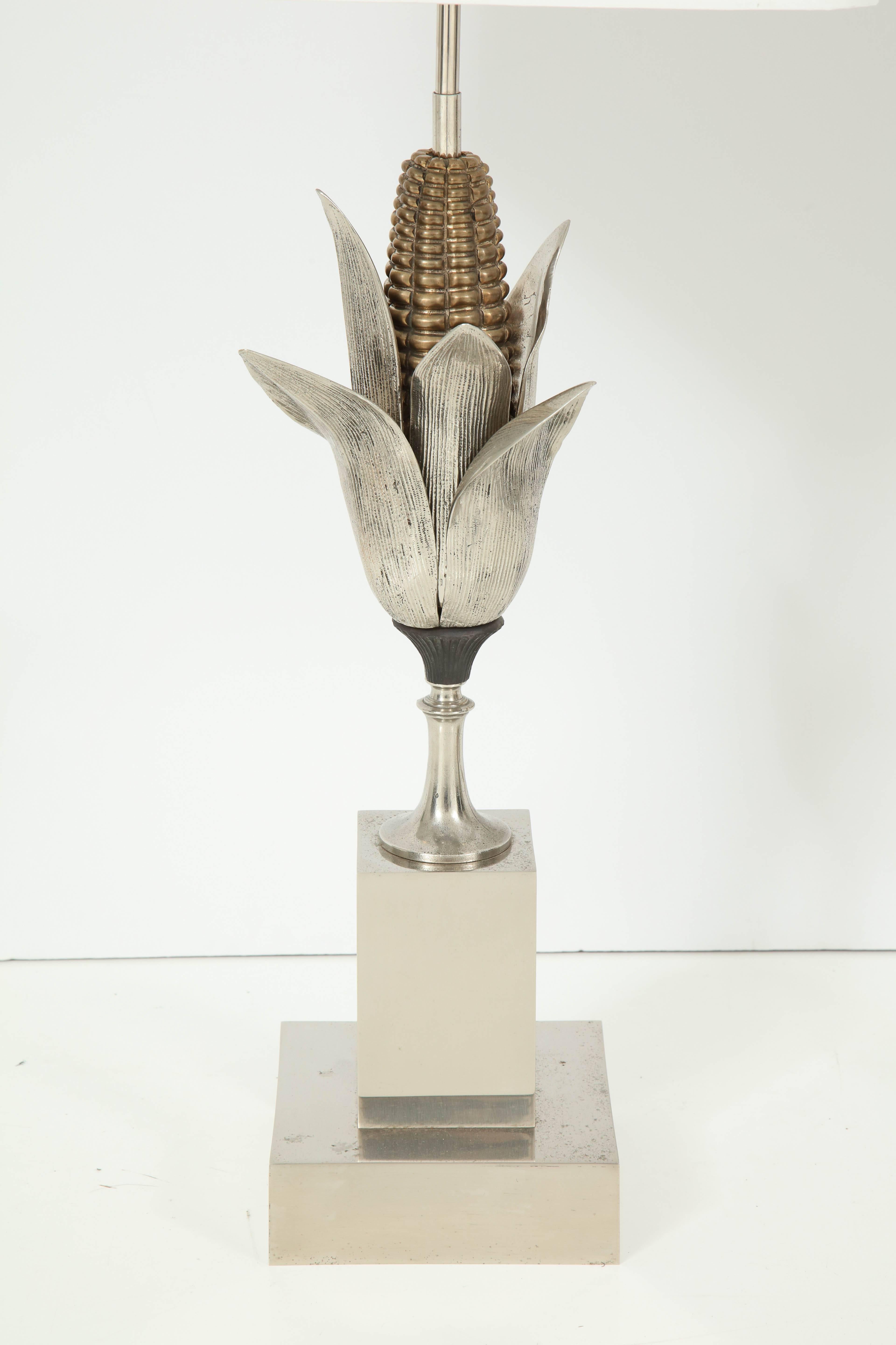 Pair of silver plated bronze corn husks lamps by Maison Charles, the cob itself is patinated bronze for contrast. Rewired.