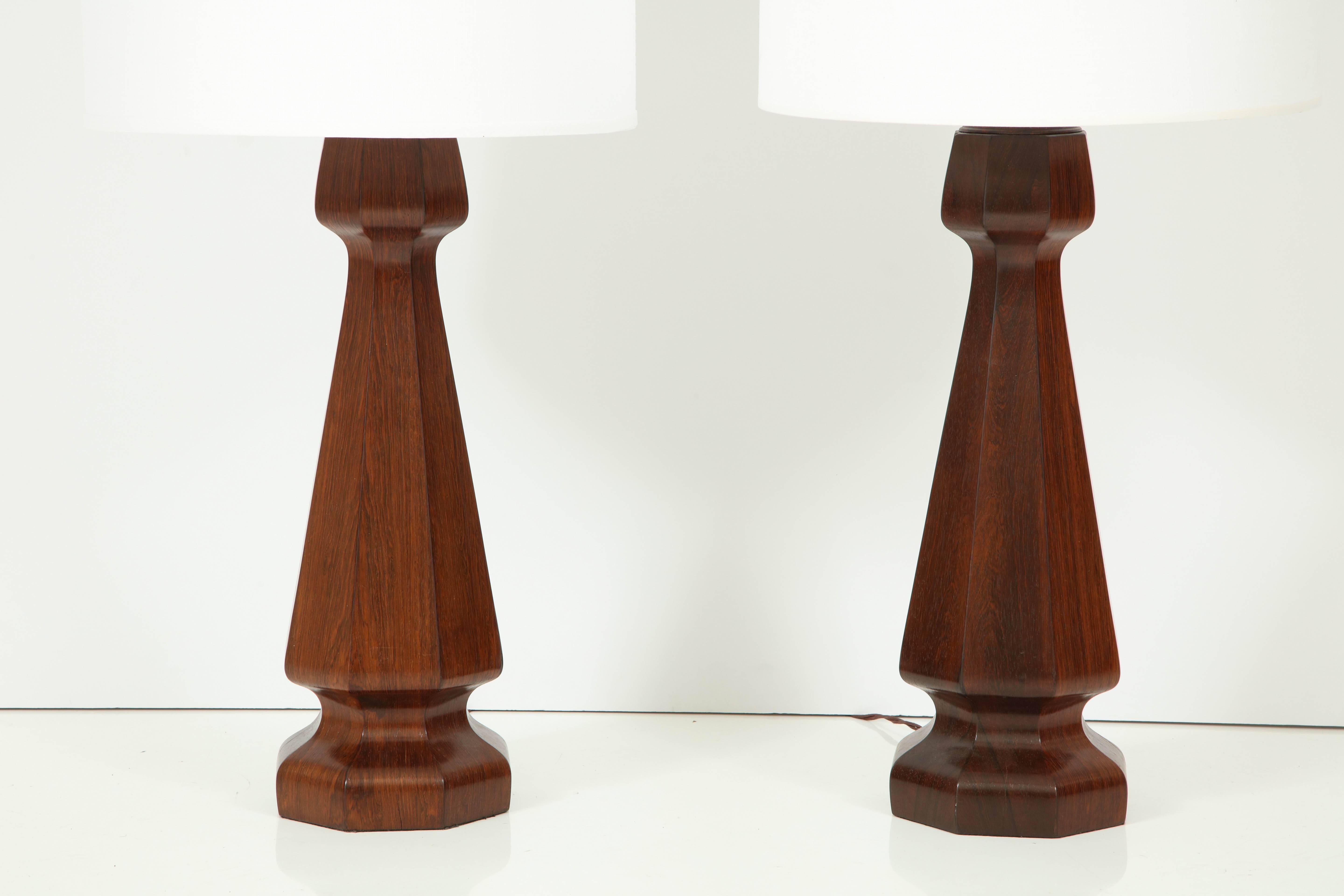 Large and heavy solid rosewood lamps. Refinished and rewired.