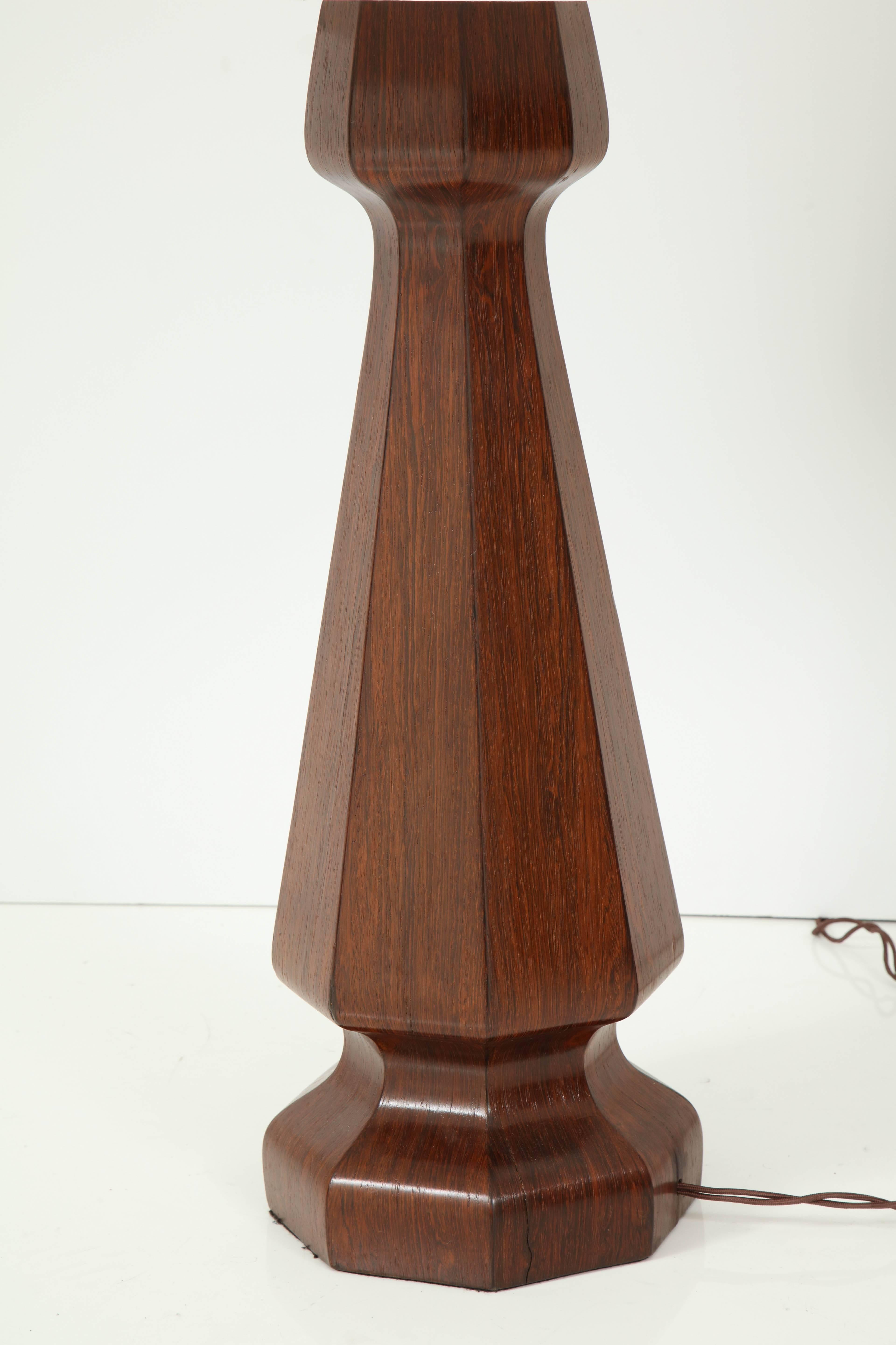 Large rosewood column lamps In Excellent Condition In Newburgh, NY