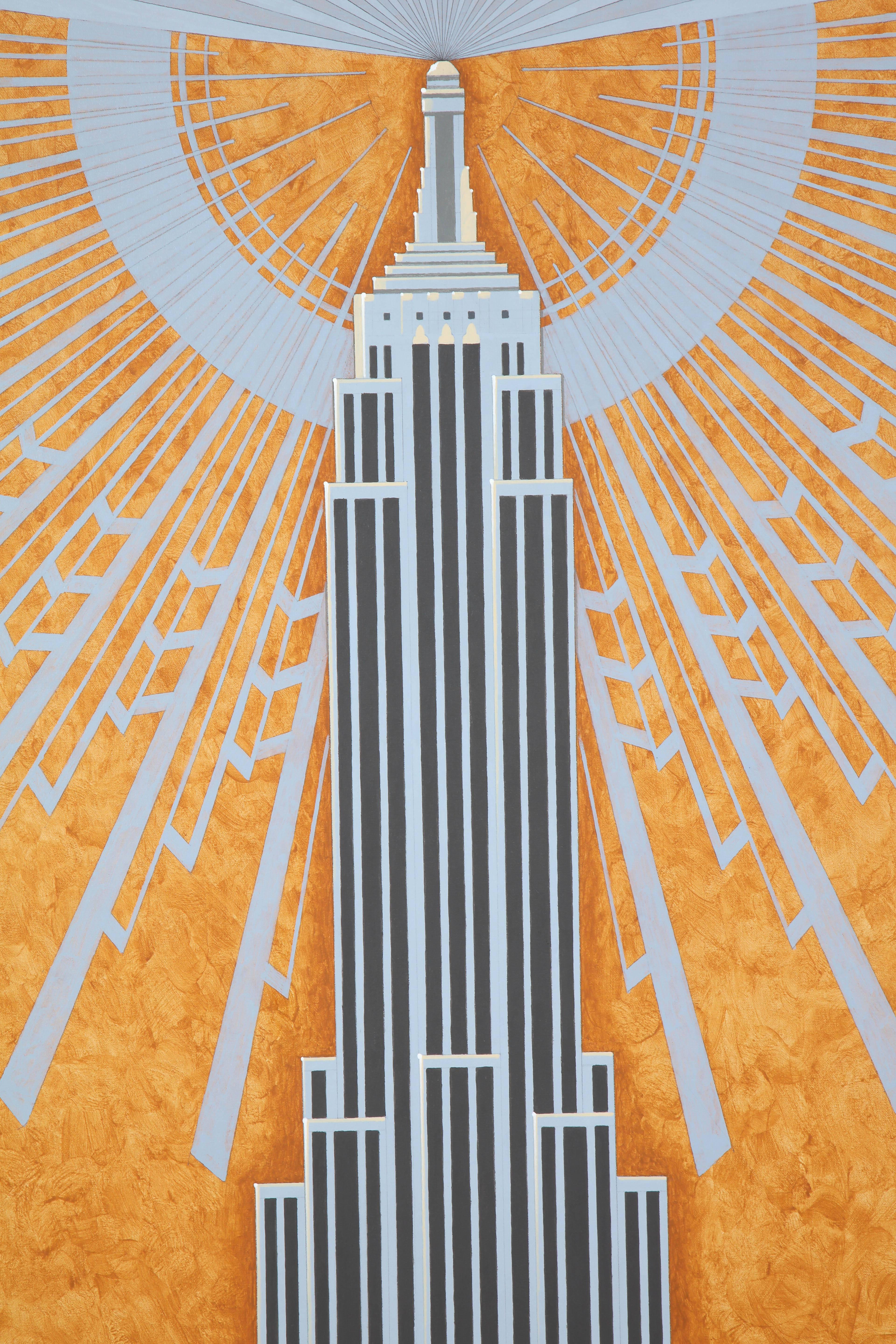 Empire. An original painting by Lynn Curlee.

This painting was used as an illustration in skyscraper, an award winning book for children by author/illustrator Lynn Curlee.

It is acrylic on canvas. The edges are fully finished and paintinged so