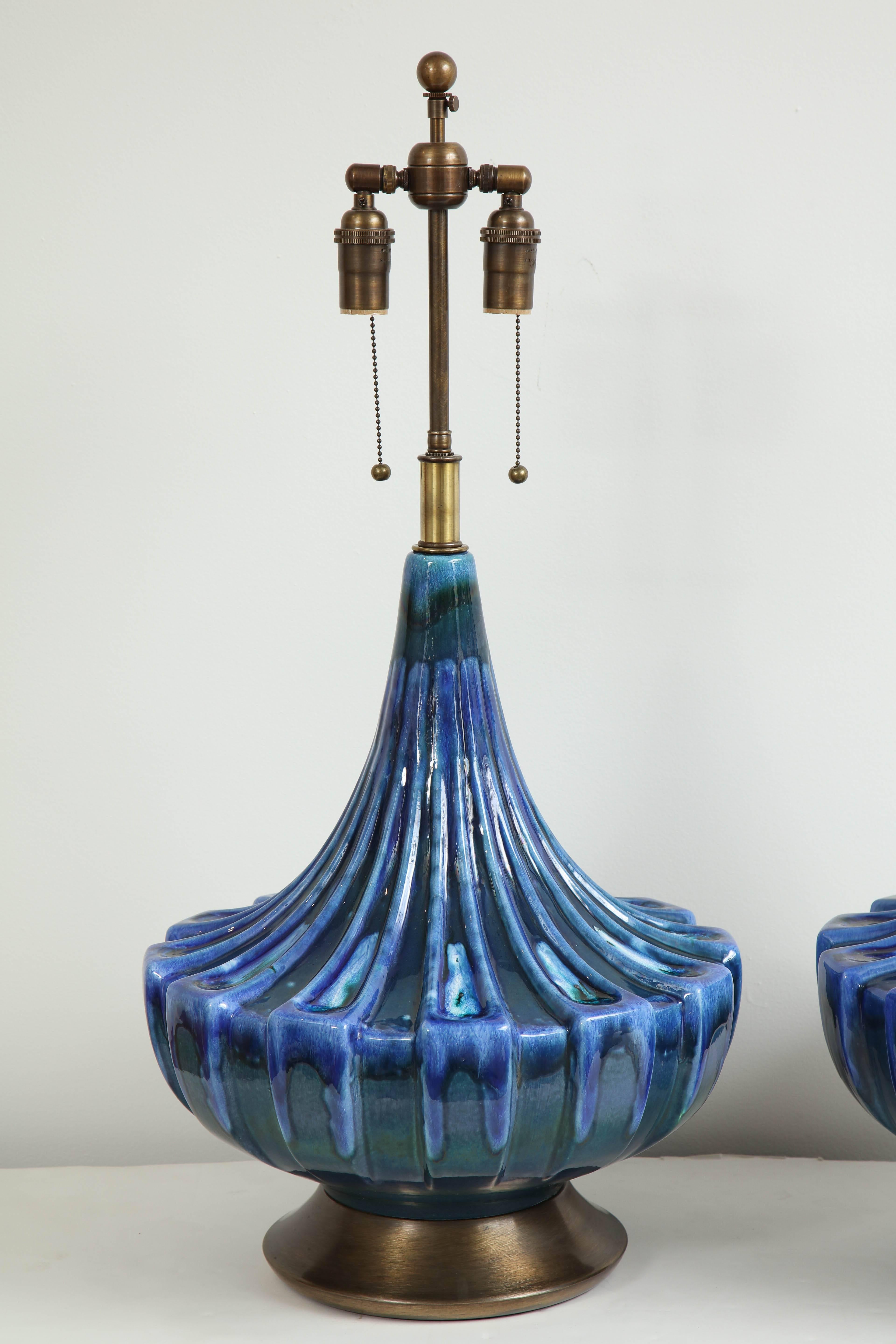 American Large Pair of Blue Drip Glazed Lamps