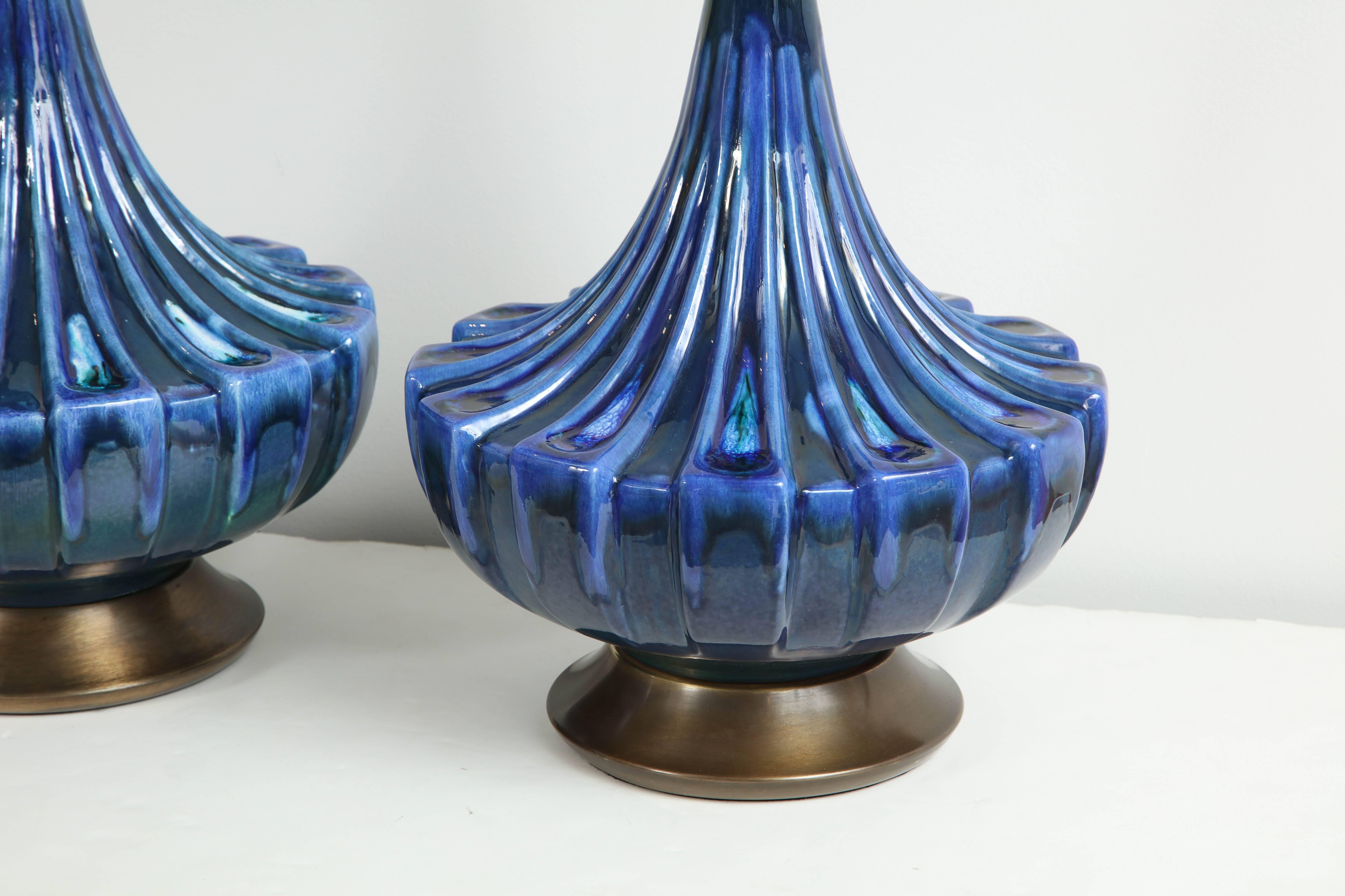 Large Pair of Blue Drip Glazed Lamps In Excellent Condition In New York, NY