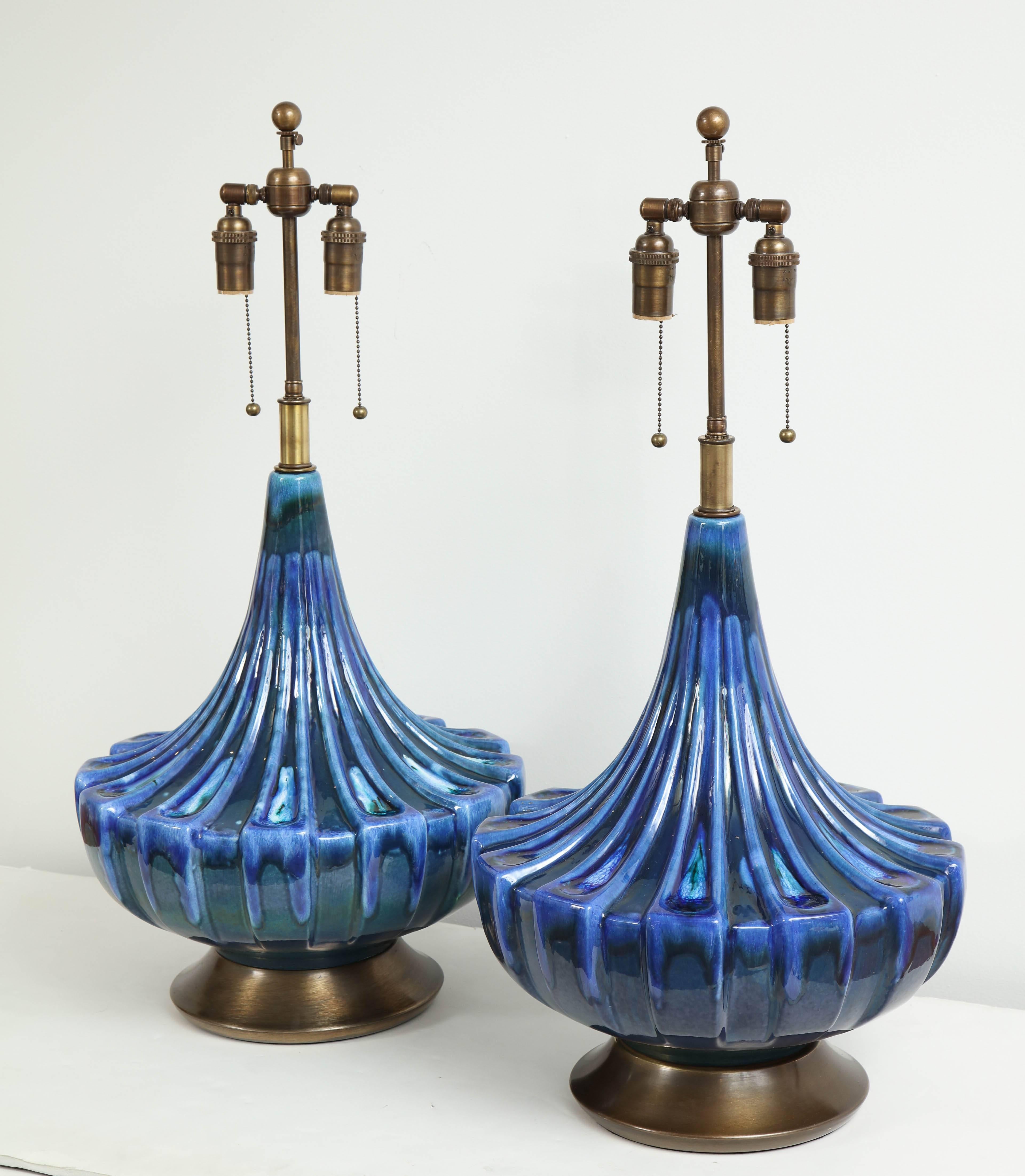 Large Pair of Blue Drip Glazed Lamps 1