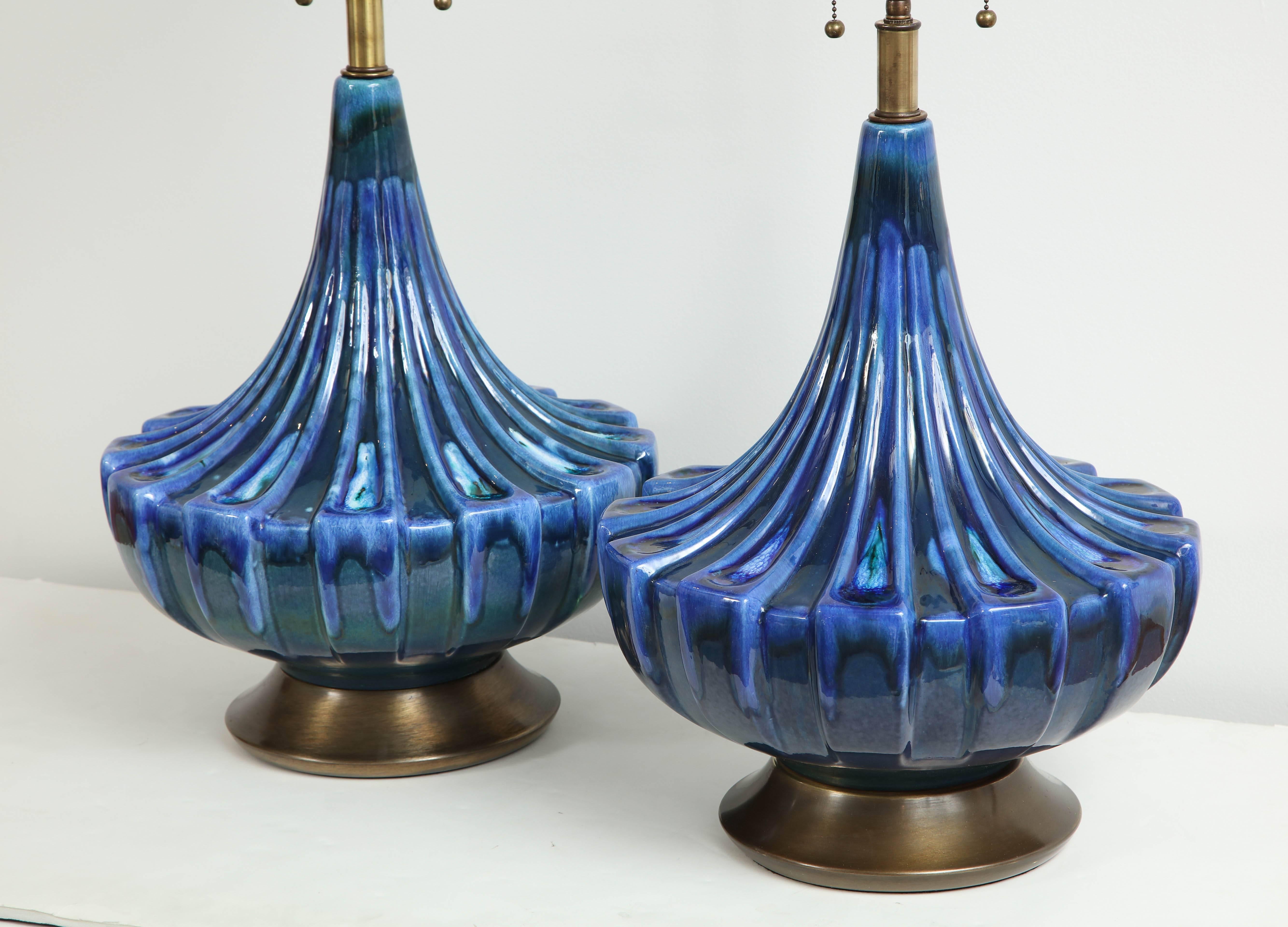 Large Pair of Blue Drip Glazed Lamps 2