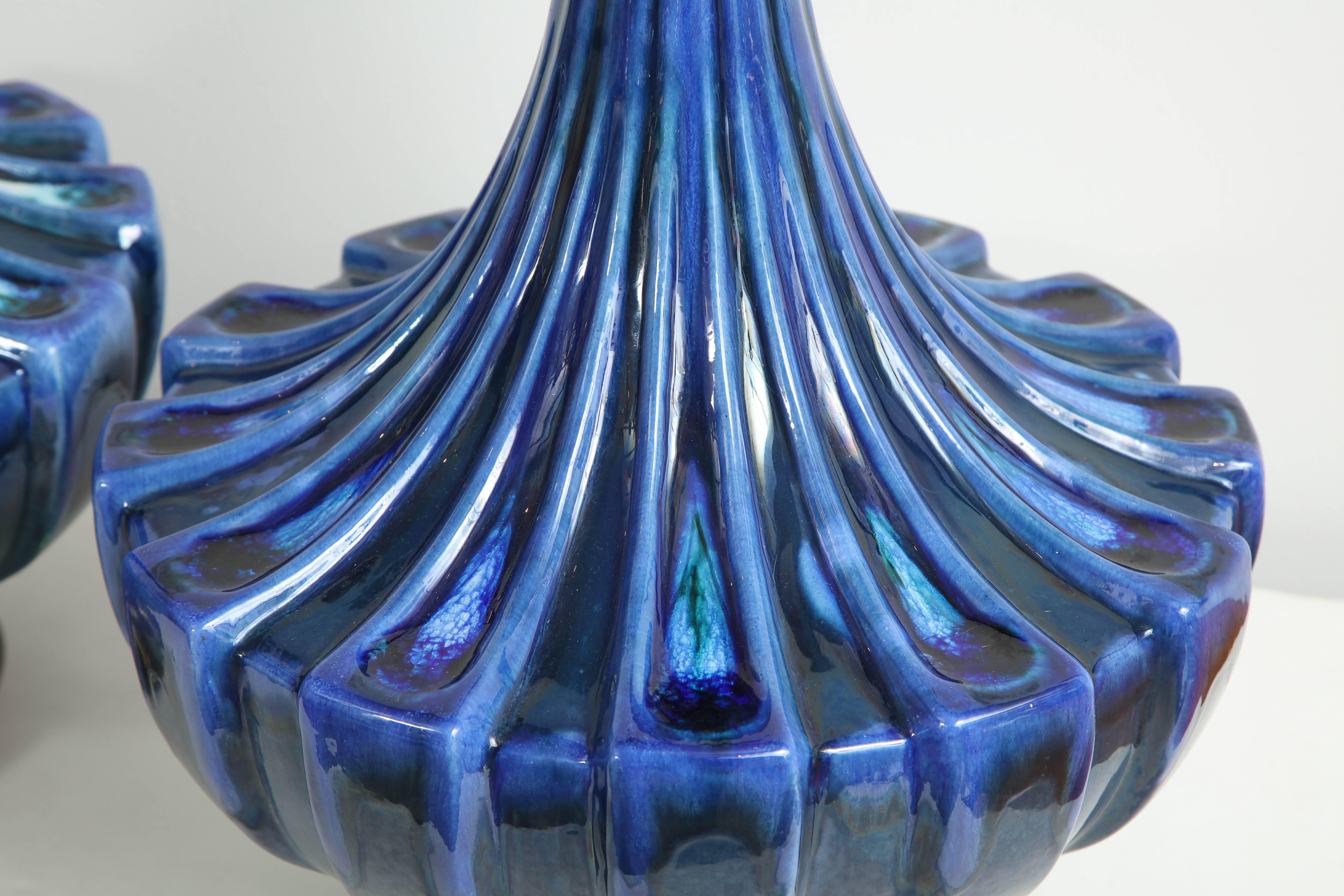 Large Pair of Blue Drip Glazed Lamps 3