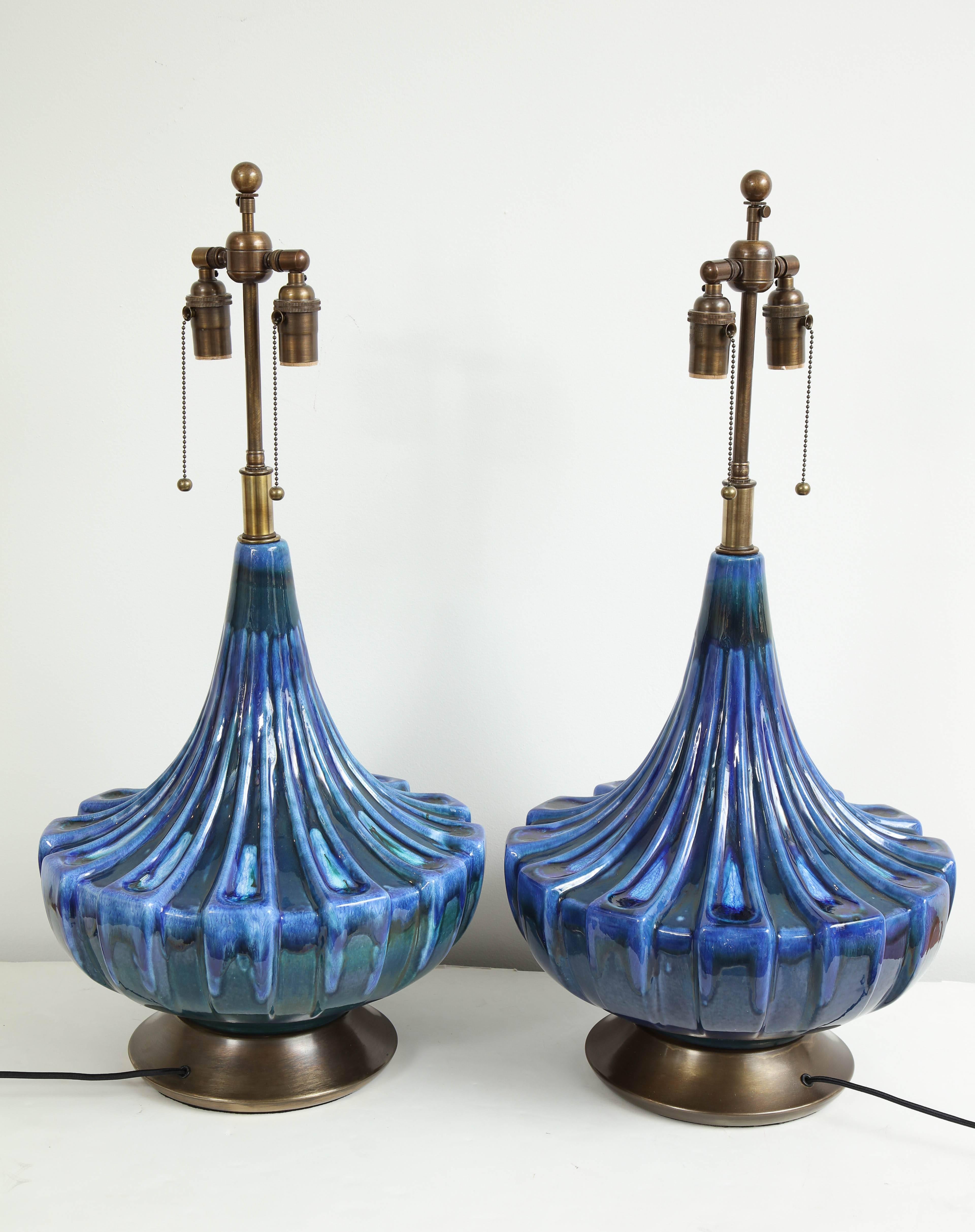 Large Pair of Blue Drip Glazed Lamps 5