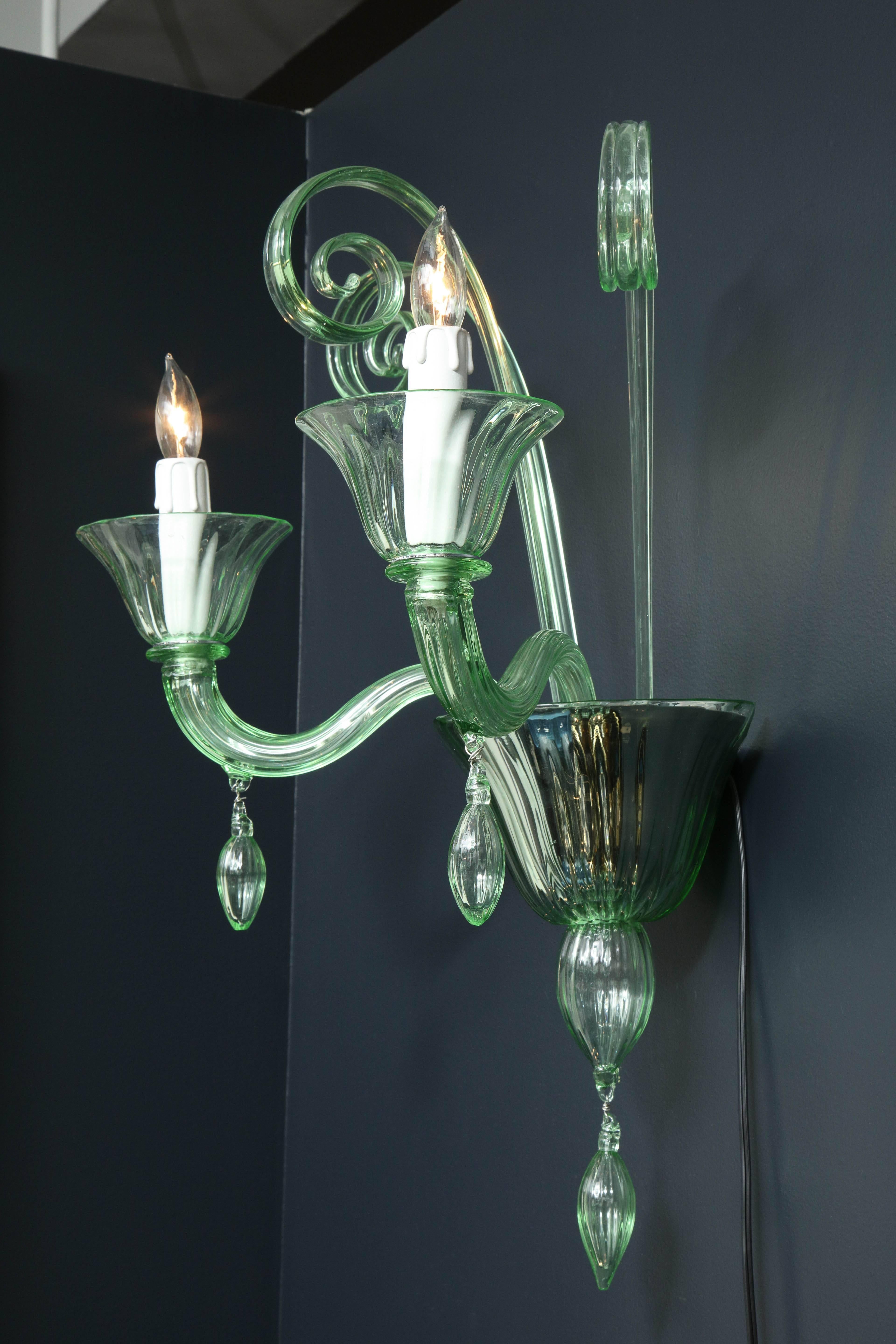 Contemporary Pair of Light Green Murano Glass and Chrome Sconces, Italy For Sale