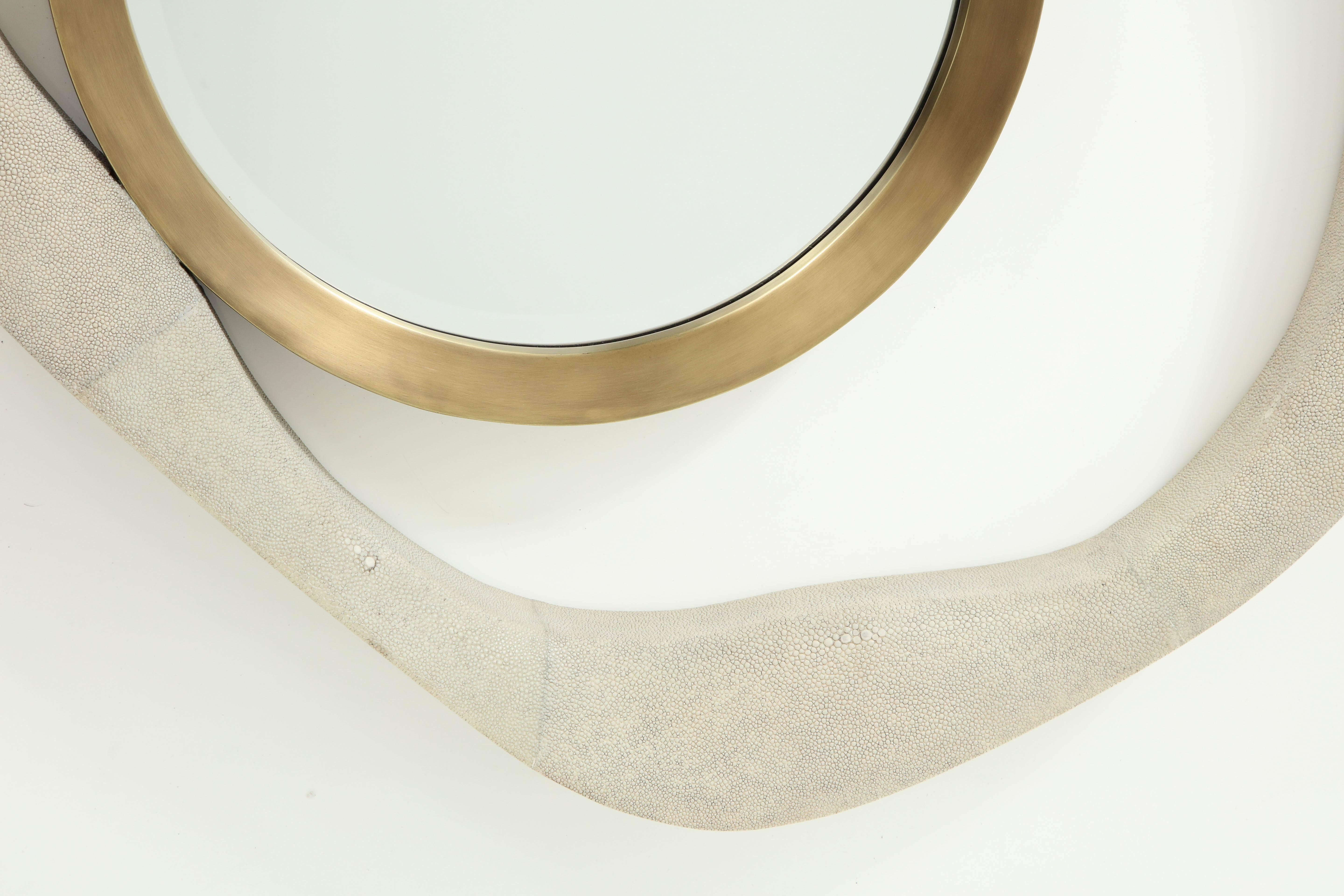 Hand-Crafted Shagreen Mirror with Brass Details, Cream Color Shagreen, Contemporary, Round