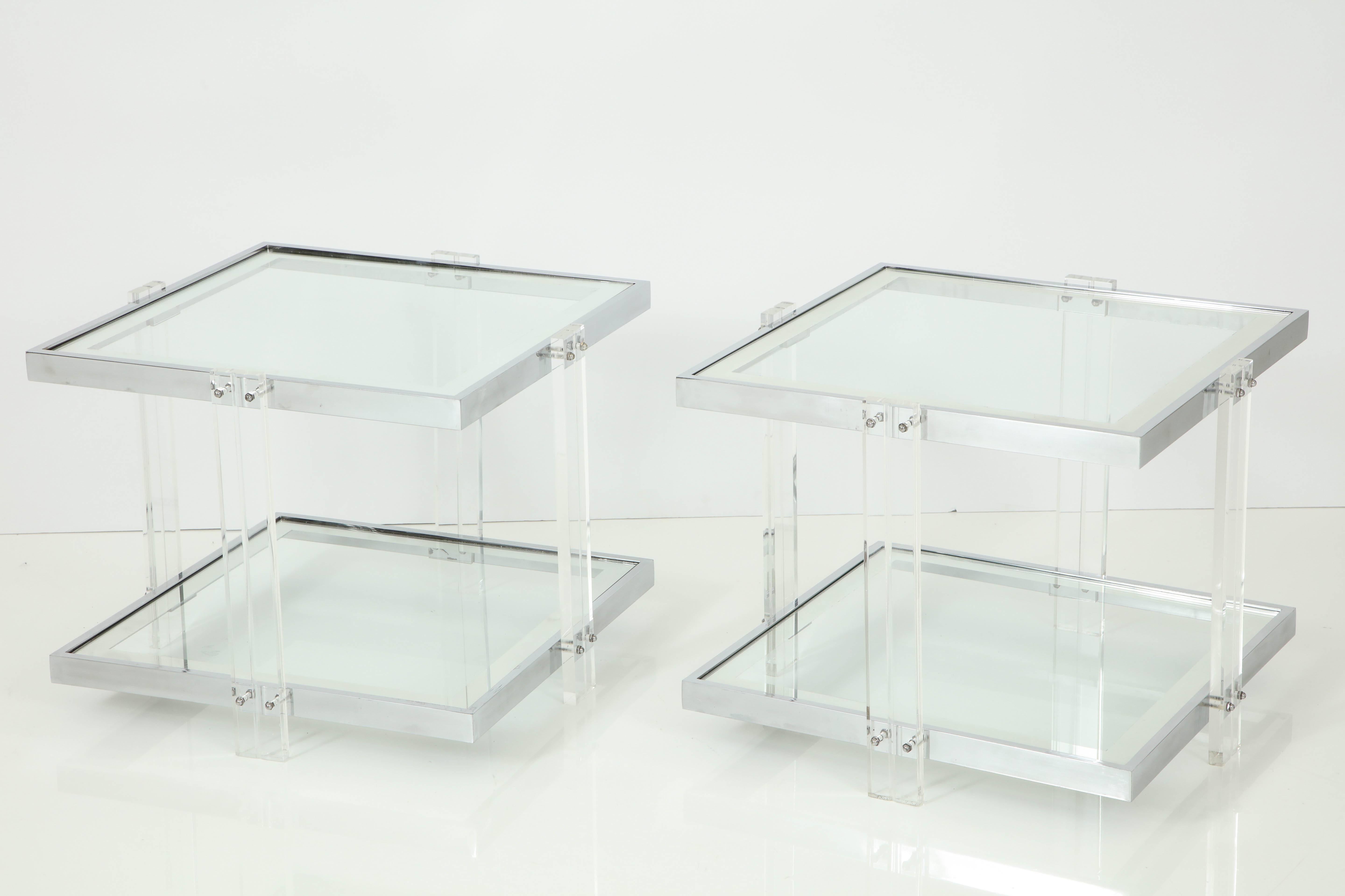 Mercury Glass Pair of Side Tables, Chrome/Lucite