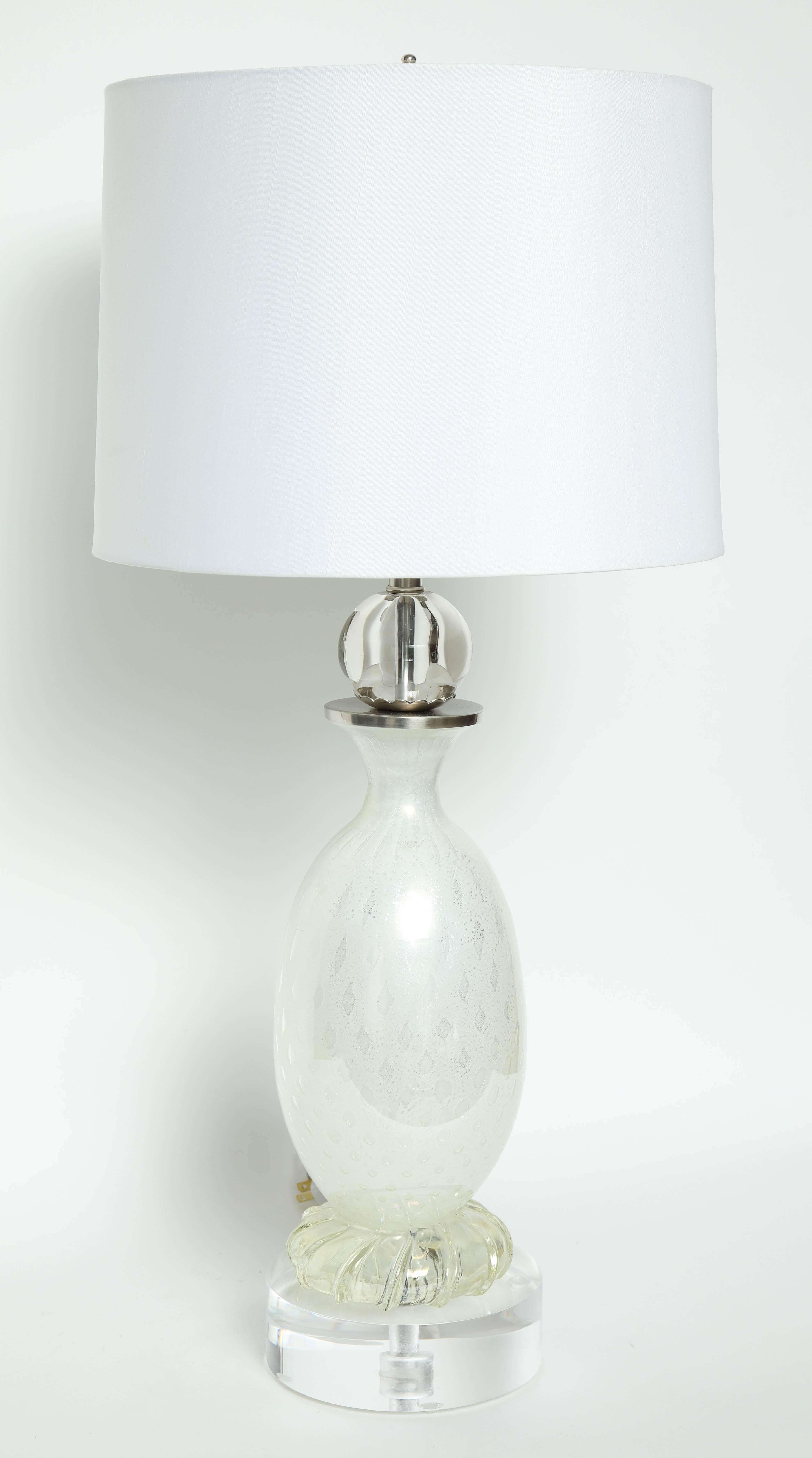 Italian Seguso Pearl White Murano Glass Lamps