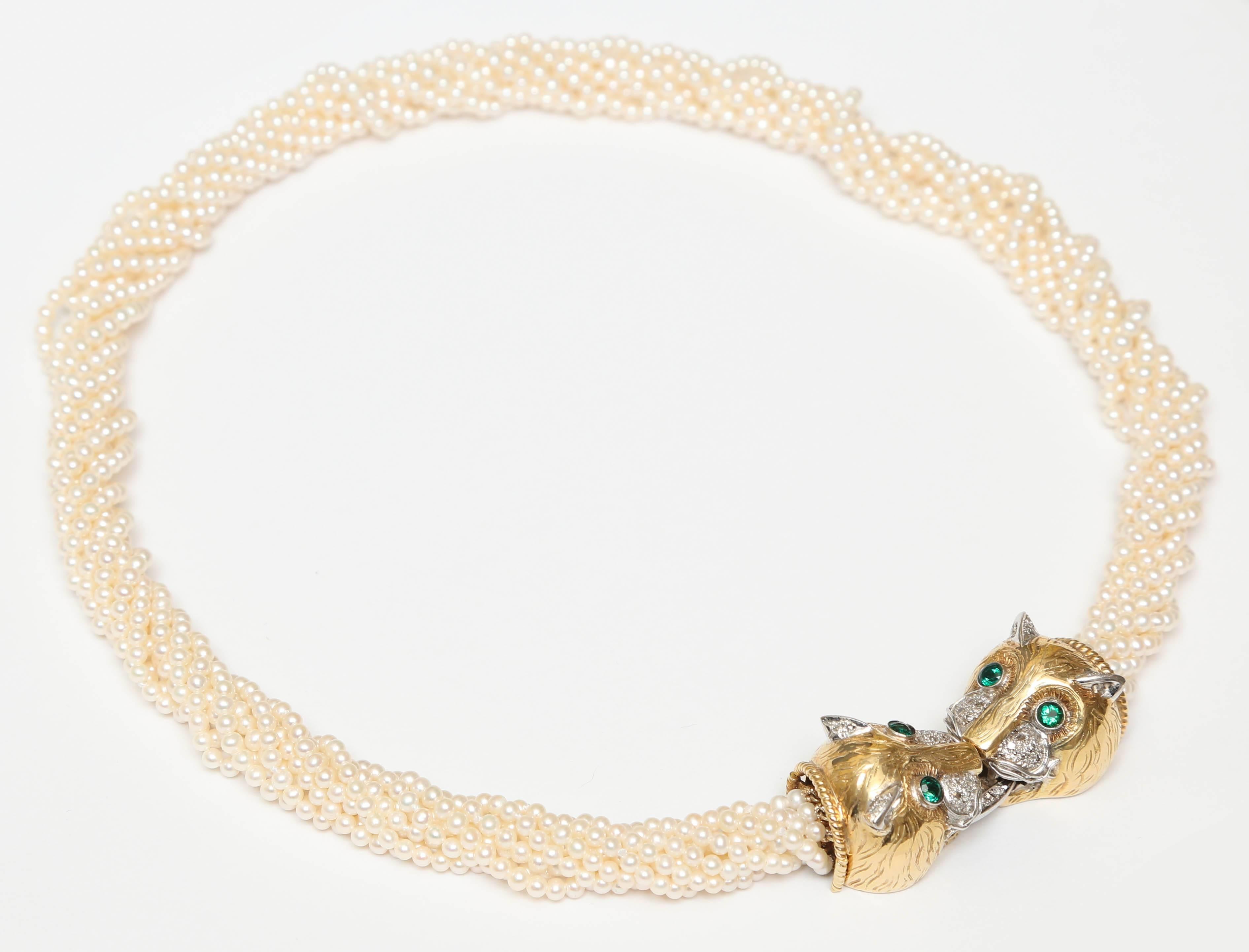 Nine Strand Cultured Pearl Necklace with Jaguar Gold and Diamond Clasp In Excellent Condition In West Palm Beach, FL