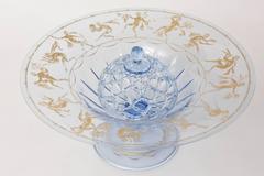 Antique Venetian Glass Centrepiece with Original Frog, Pretty Blue Hand-Painted