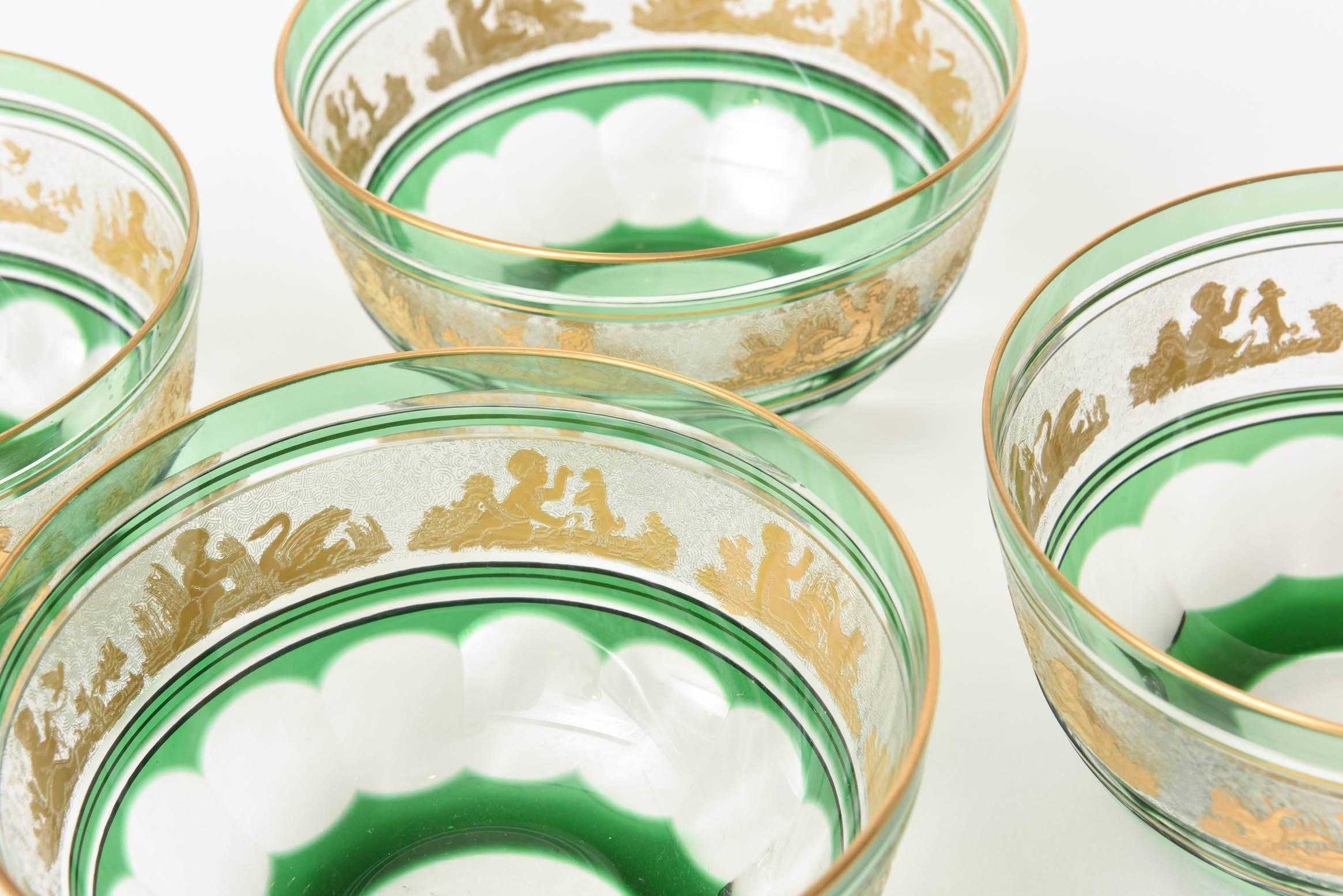 Gold Set of Ten Green Glass Gilt Dessert Bowls, Val Saint Lambert, circa 1920s