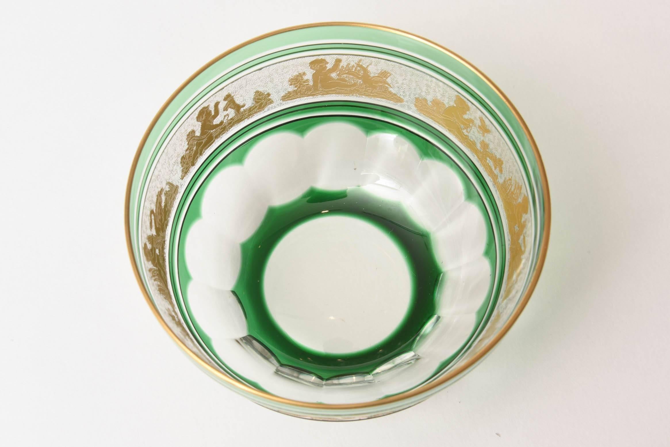 Set of Ten Green Glass Gilt Dessert Bowls, Val Saint Lambert, circa 1920s 1