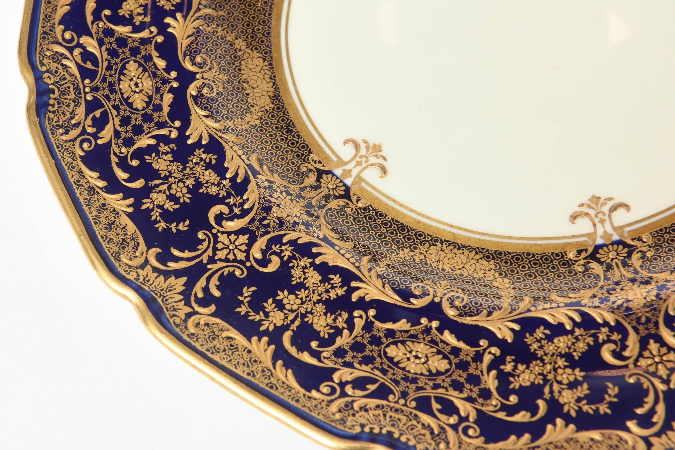 American 12 Exquisite and Elaborate Cobalt Blue and Gilt Dessert or Salad Plates