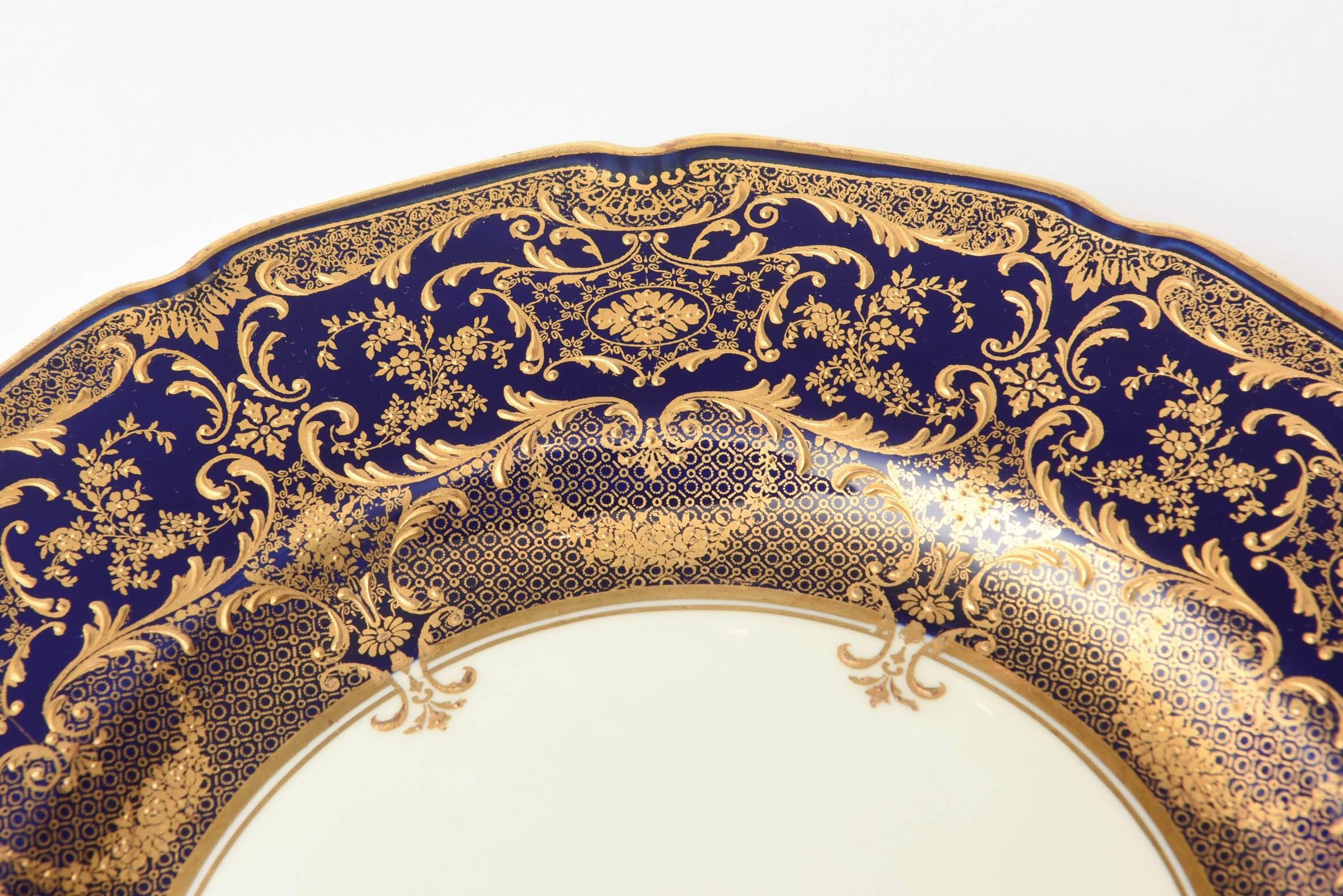 Early 20th Century 12 Exquisite and Elaborate Cobalt Blue and Gilt Dessert or Salad Plates