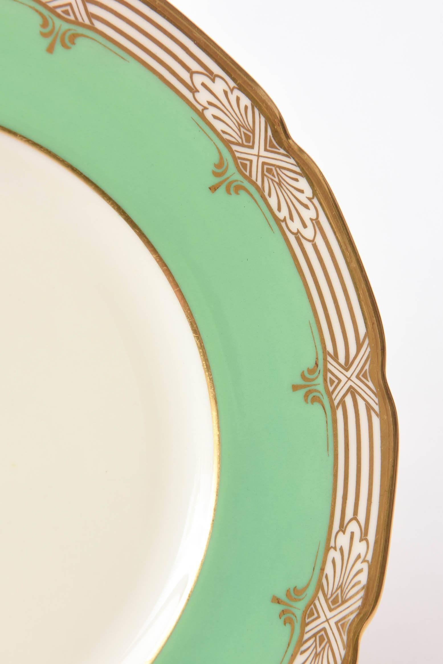 American 12 Pretty Green and Gold Dinner Plates Antique