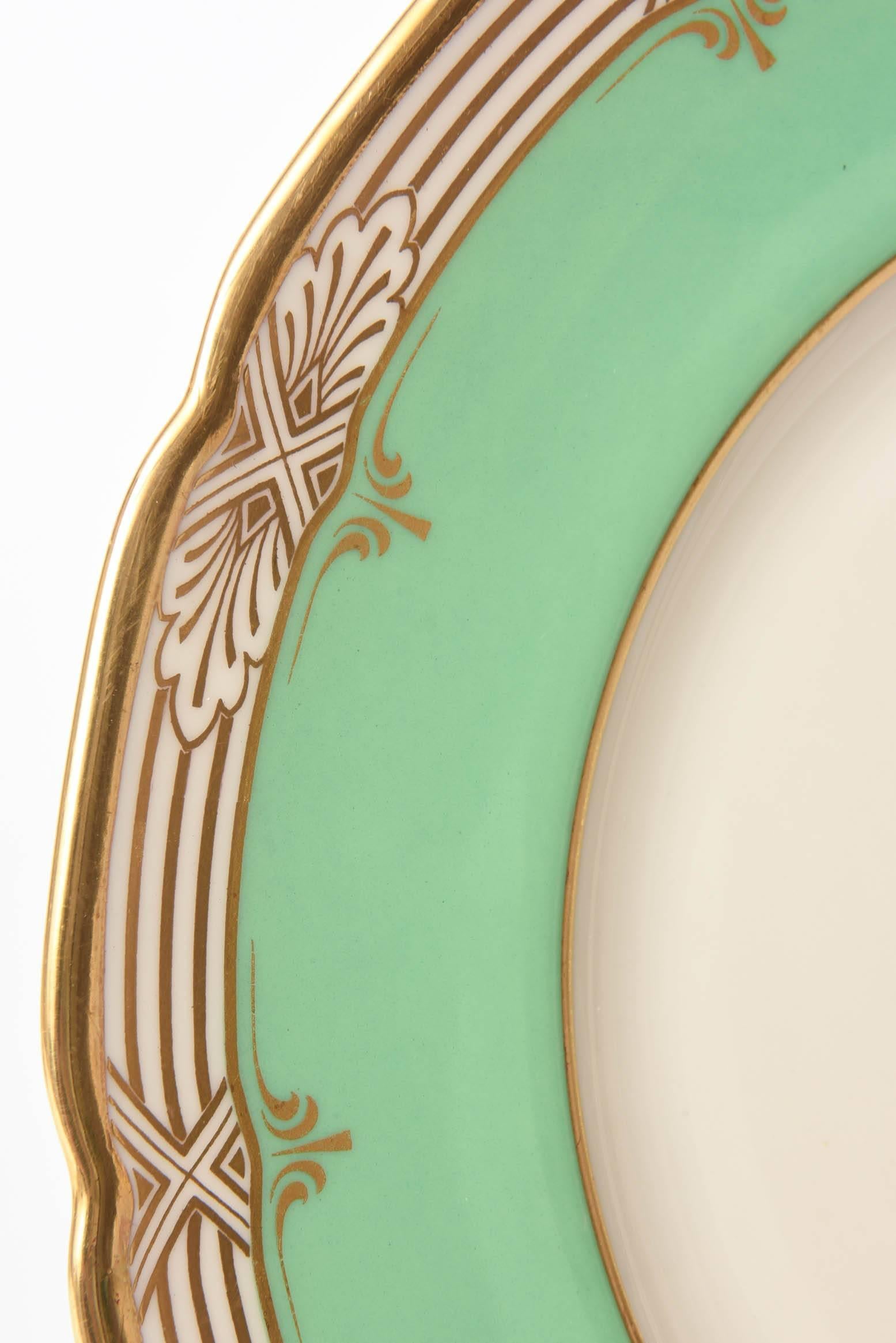 Hand-Crafted 12 Pretty Green and Gold Dinner Plates Antique
