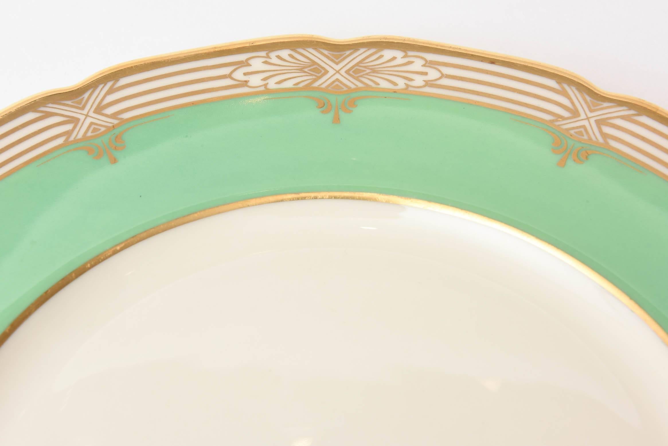 22k Gold 12 Pretty Green and Gold Dinner Plates Antique