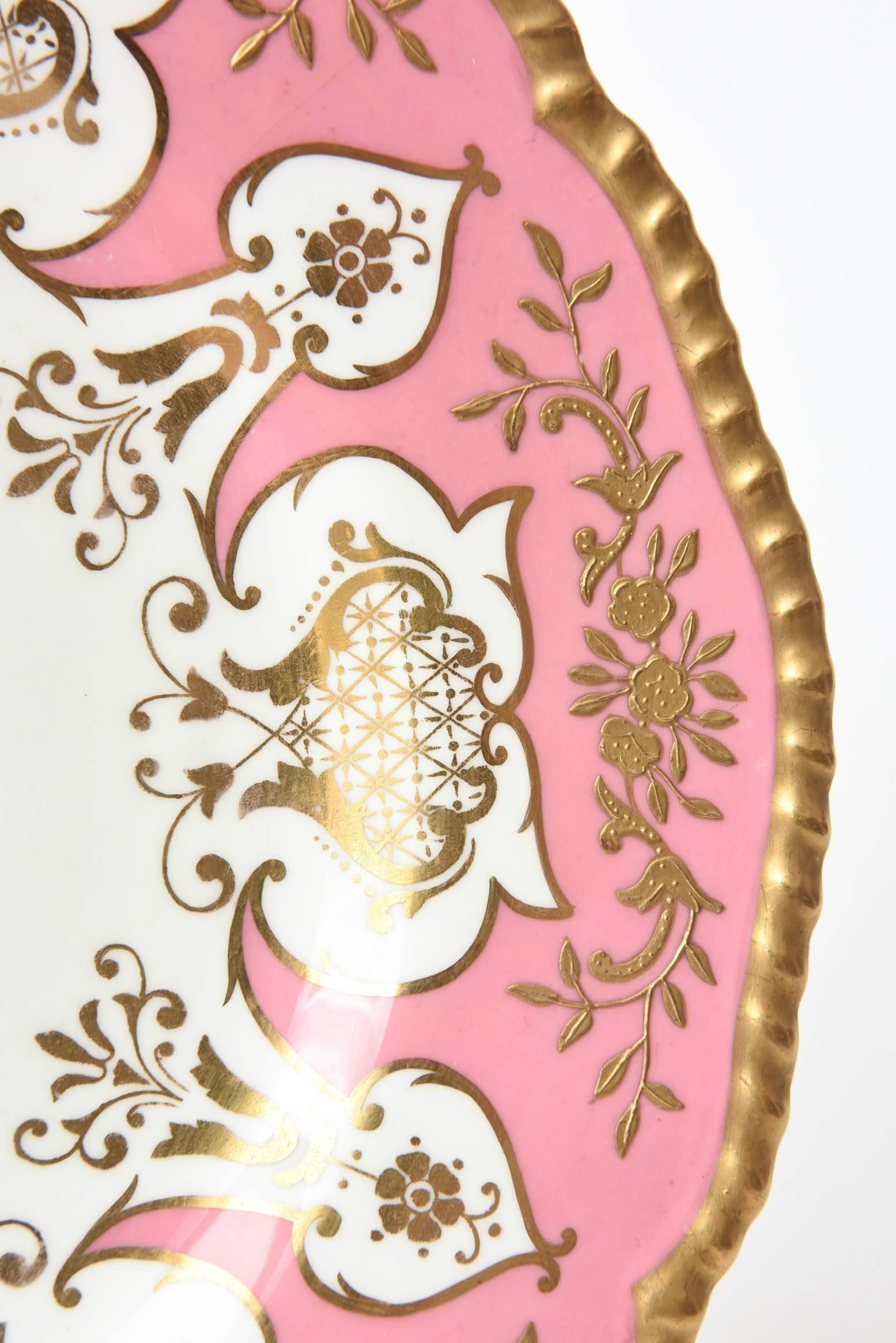 Hand-Crafted 12 Dinner or Presentation Plates, Antique English Pink Heavily Gilded, Coalport