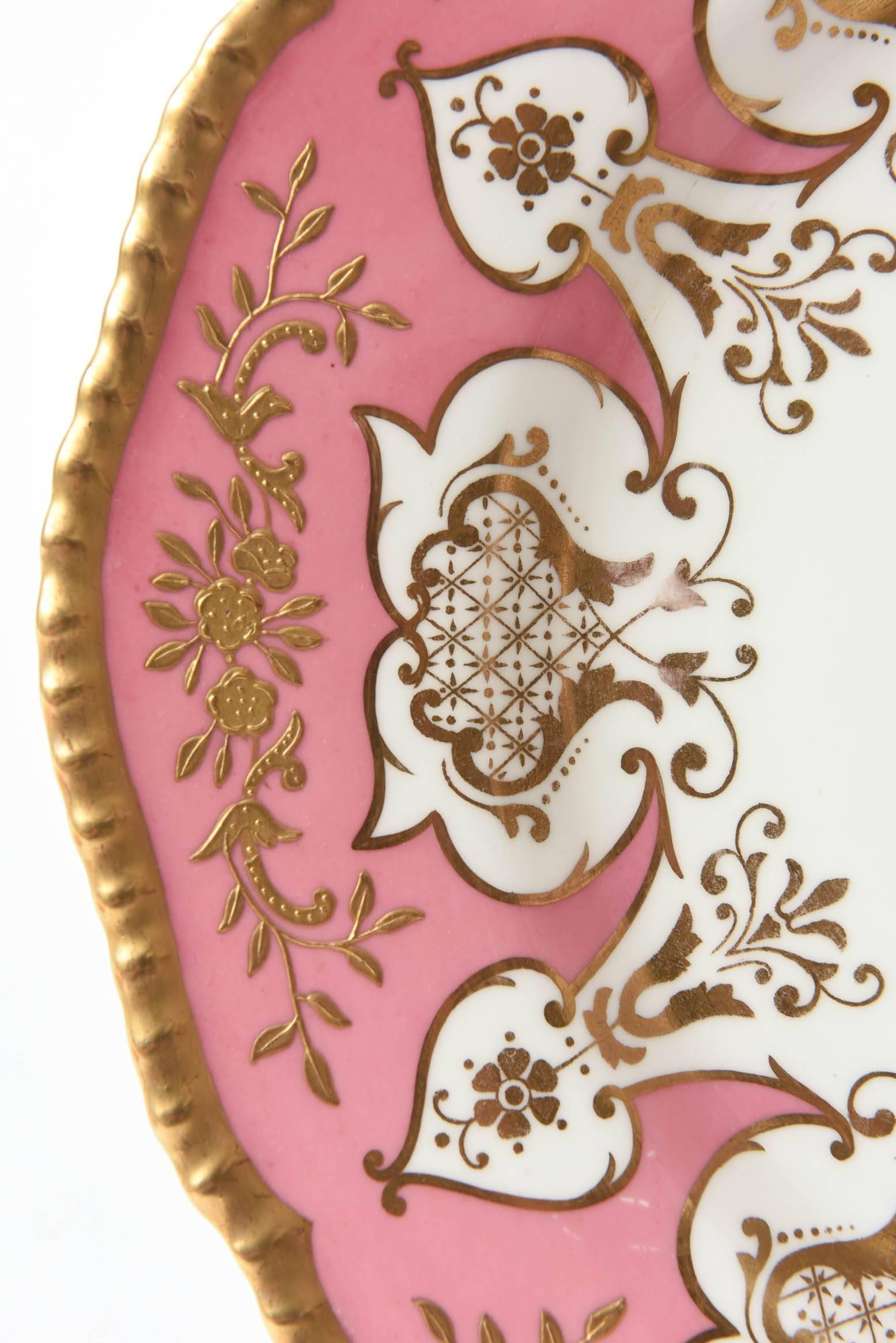 12 Dinner or Presentation Plates, Antique English Pink Heavily Gilded, Coalport In Good Condition In West Palm Beach, FL