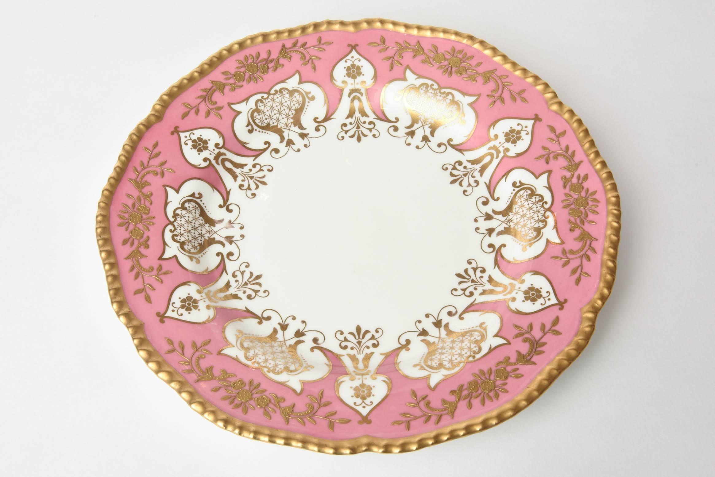 Early 20th Century 12 Dinner or Presentation Plates, Antique English Pink Heavily Gilded, Coalport