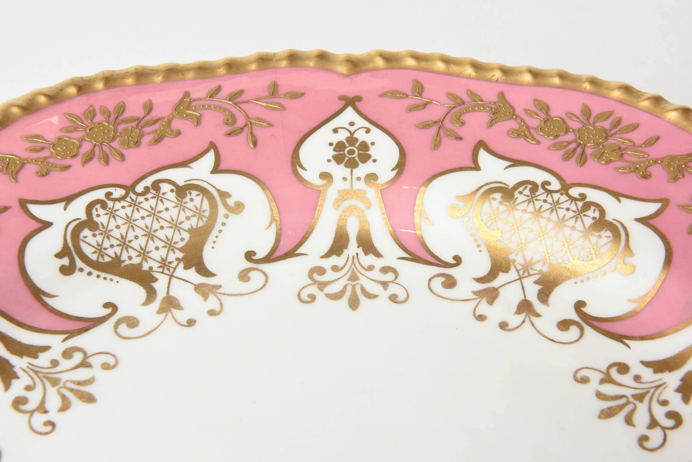 12 Dinner or Presentation Plates, Antique English Pink Heavily Gilded, Coalport 4