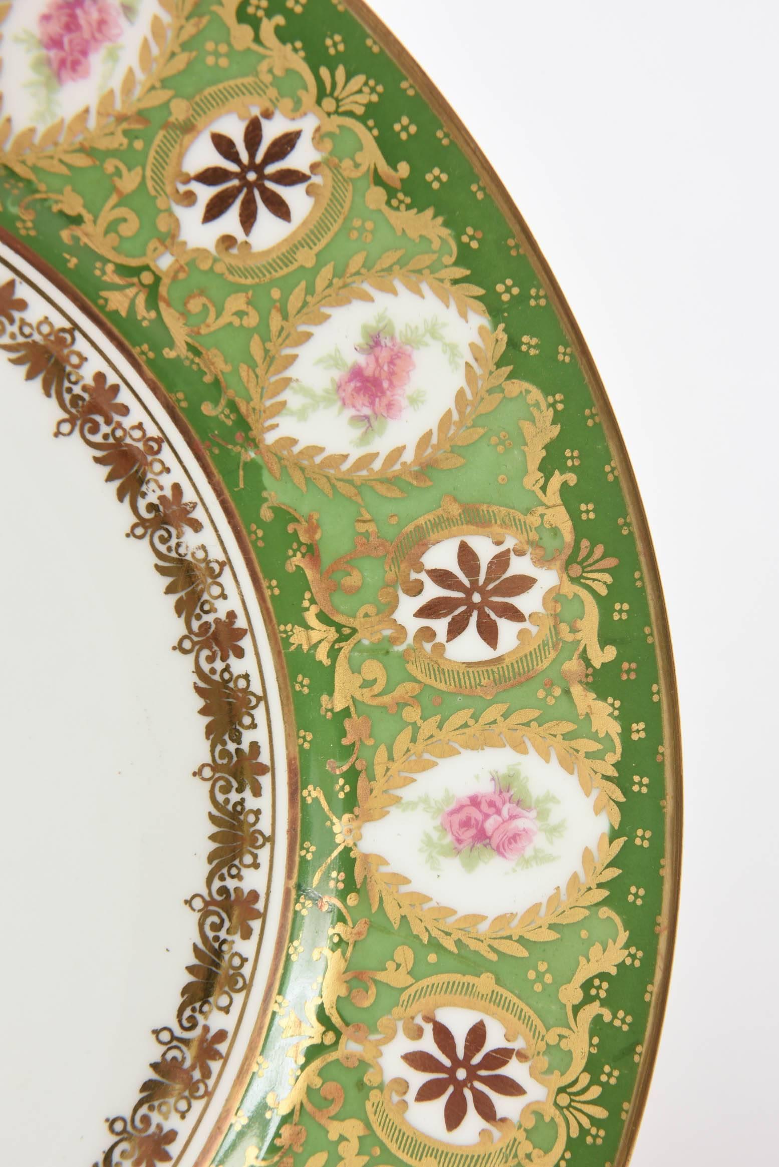 French 12 Antique Limoges Dessert Plates, Centre Star Medallion Green and Pink