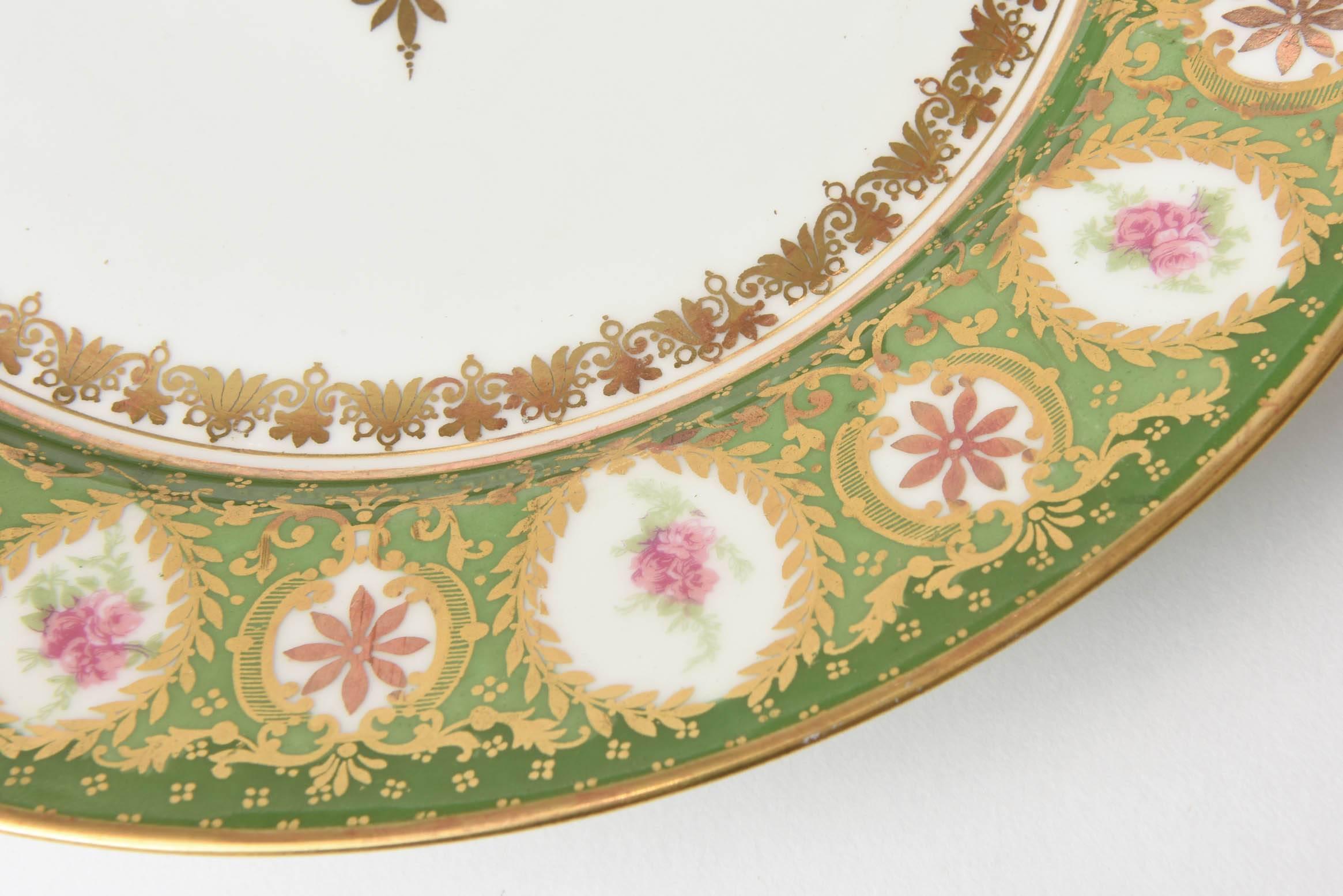 24k Gold 12 Antique Limoges Dessert Plates, Centre Star Medallion Green and Pink