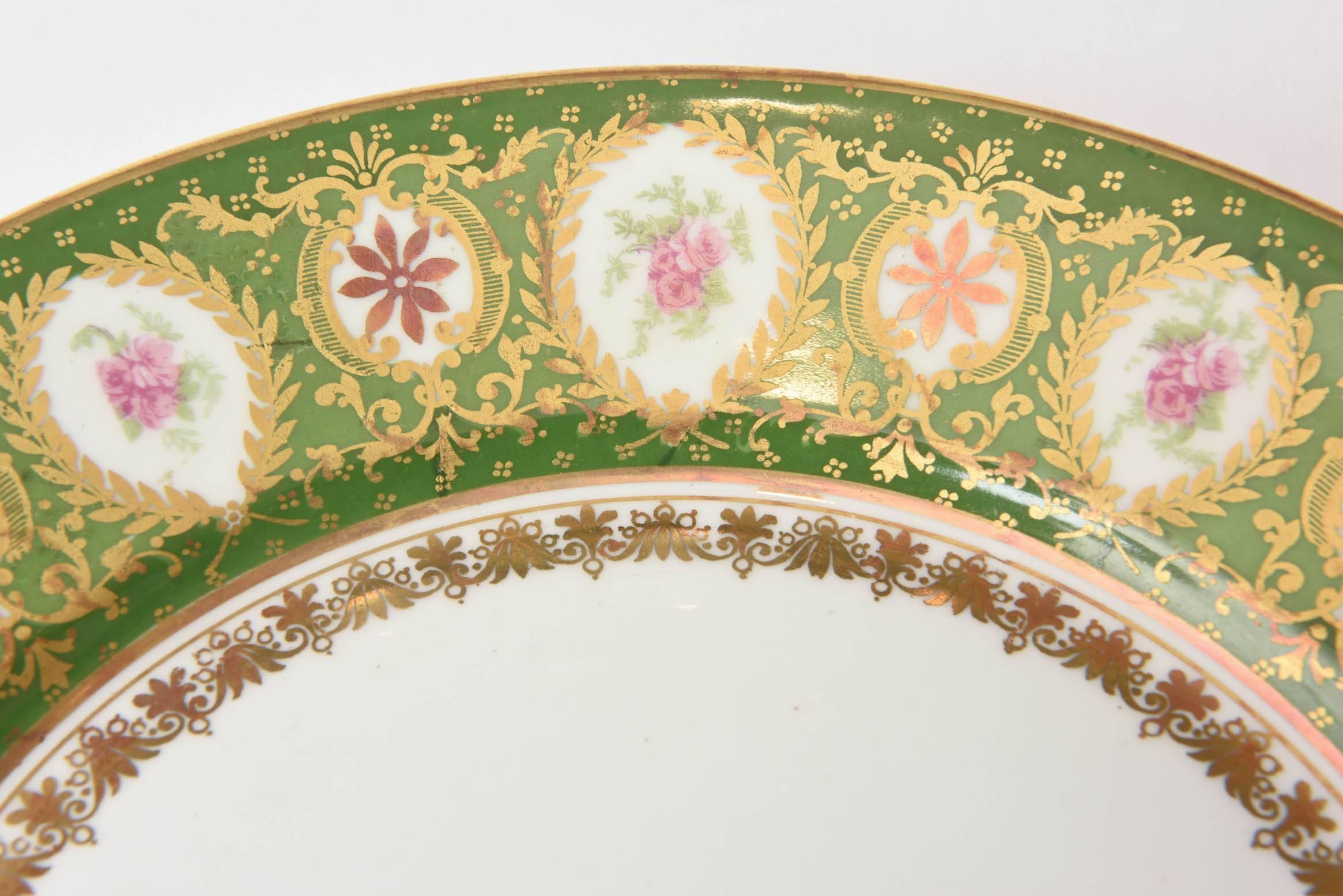 12 Antique Limoges Dessert Plates, Centre Star Medallion Green and Pink 1