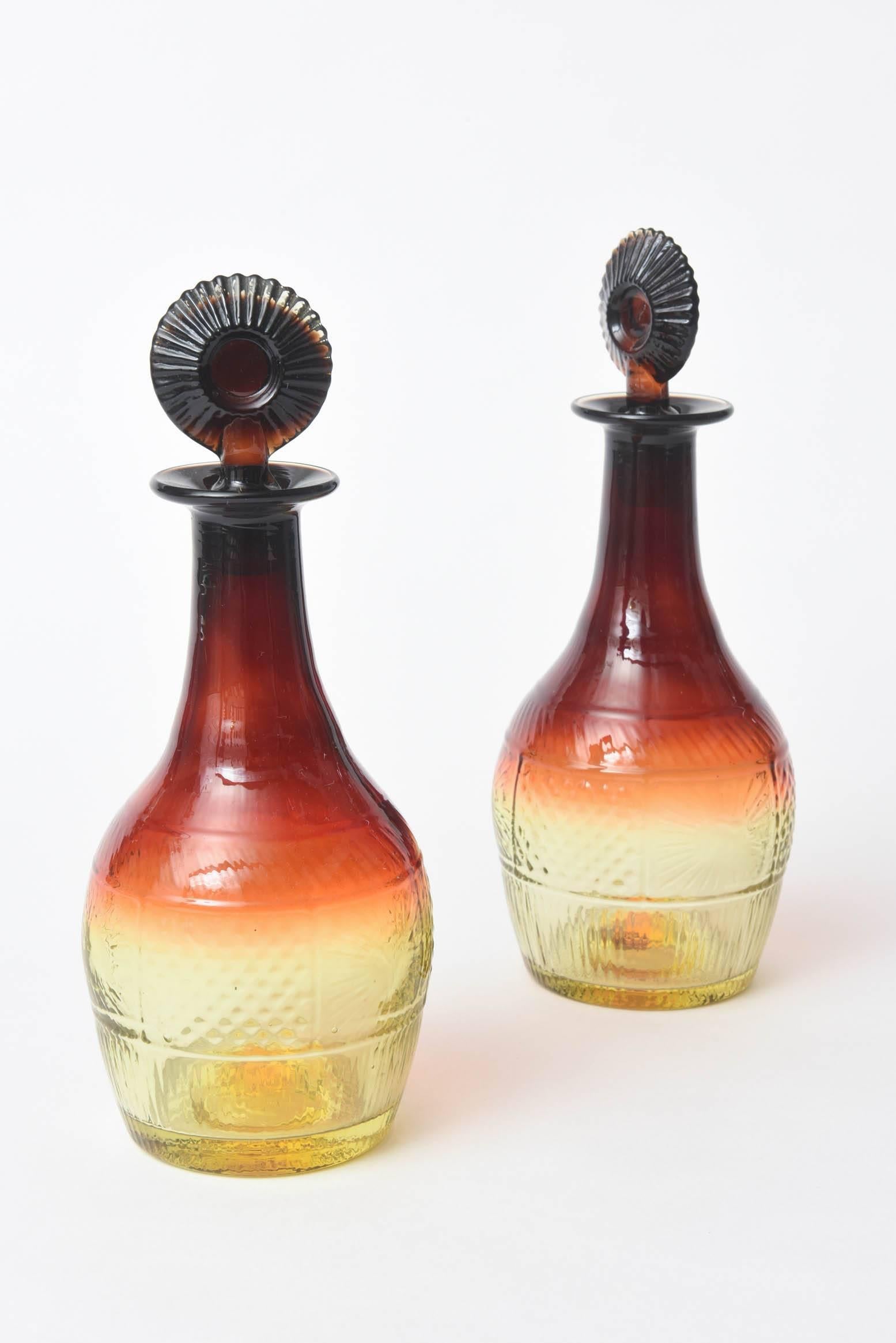 English Pair of Sherry Decanters and Original Stoppers, Amber