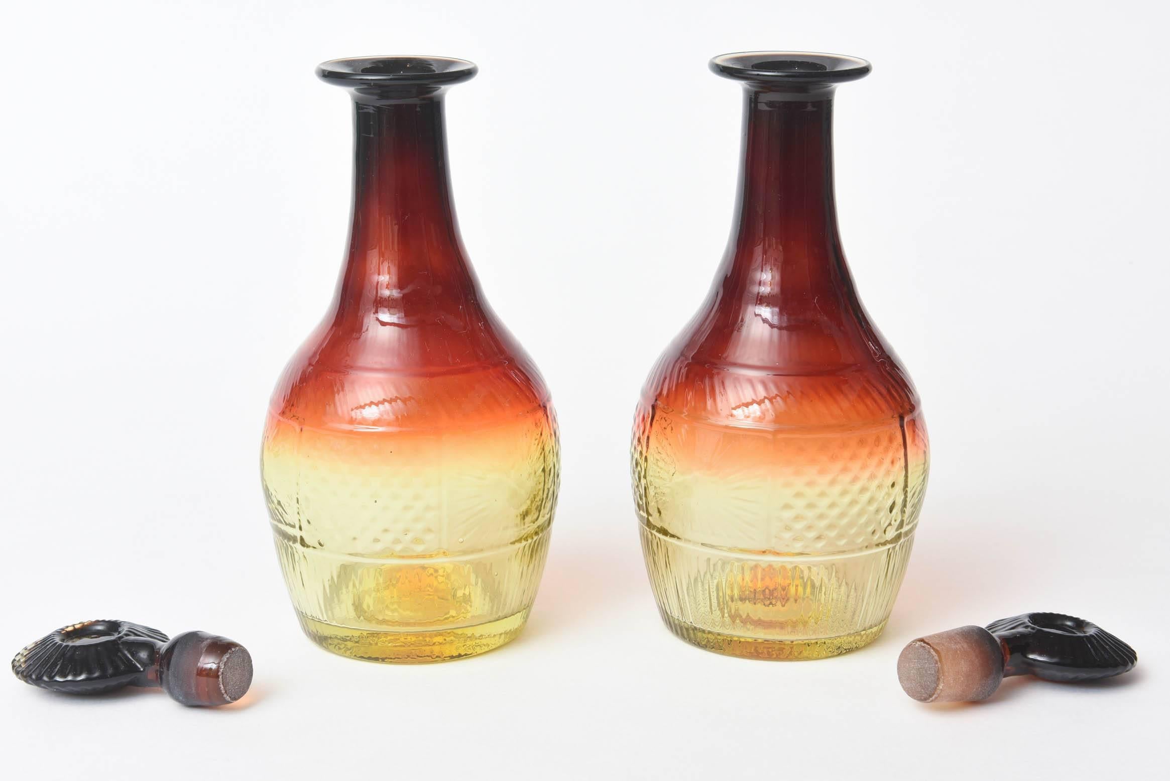 Blown Glass Pair of Sherry Decanters and Original Stoppers, Amber