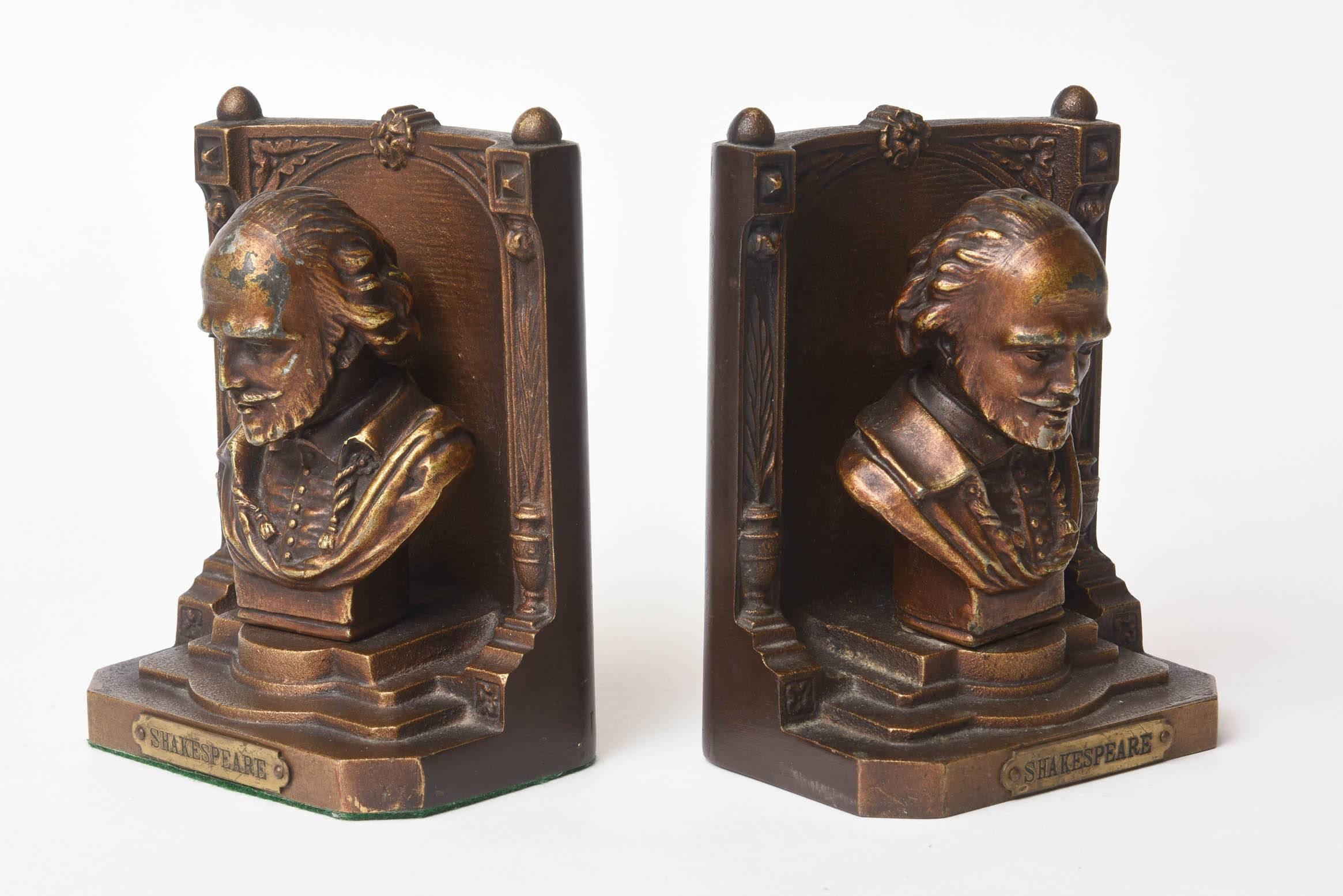 From a beautiful estate library a pair of heavy and detailed book ends with nice patina. Signed and circa 1920 from Bradley & Hubbard. A bust of Shakespeare in full relief is set into a niche; a brass label engraved with the name Shakespeare is