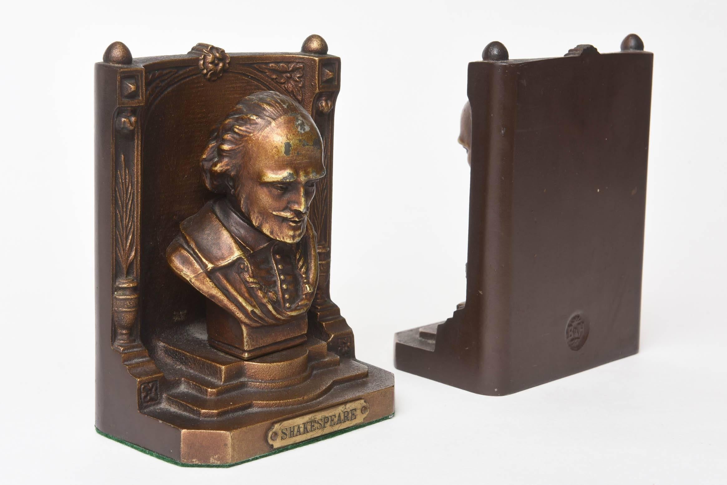 Pair of Vintage Brass Shakespeare Book Ends, Signed 1