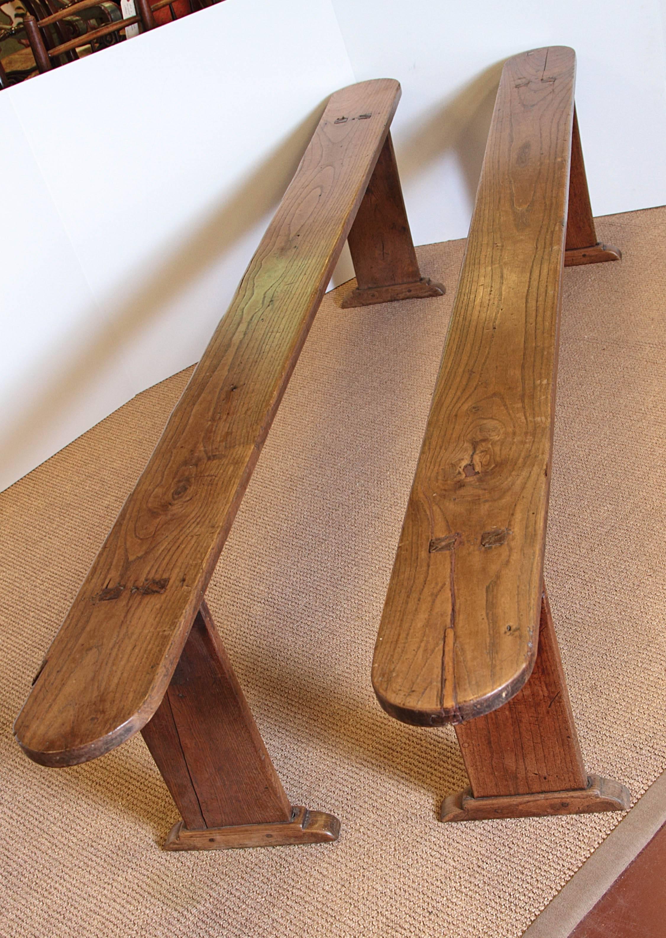 Pair of long oak meeting benches hand pegged construction.