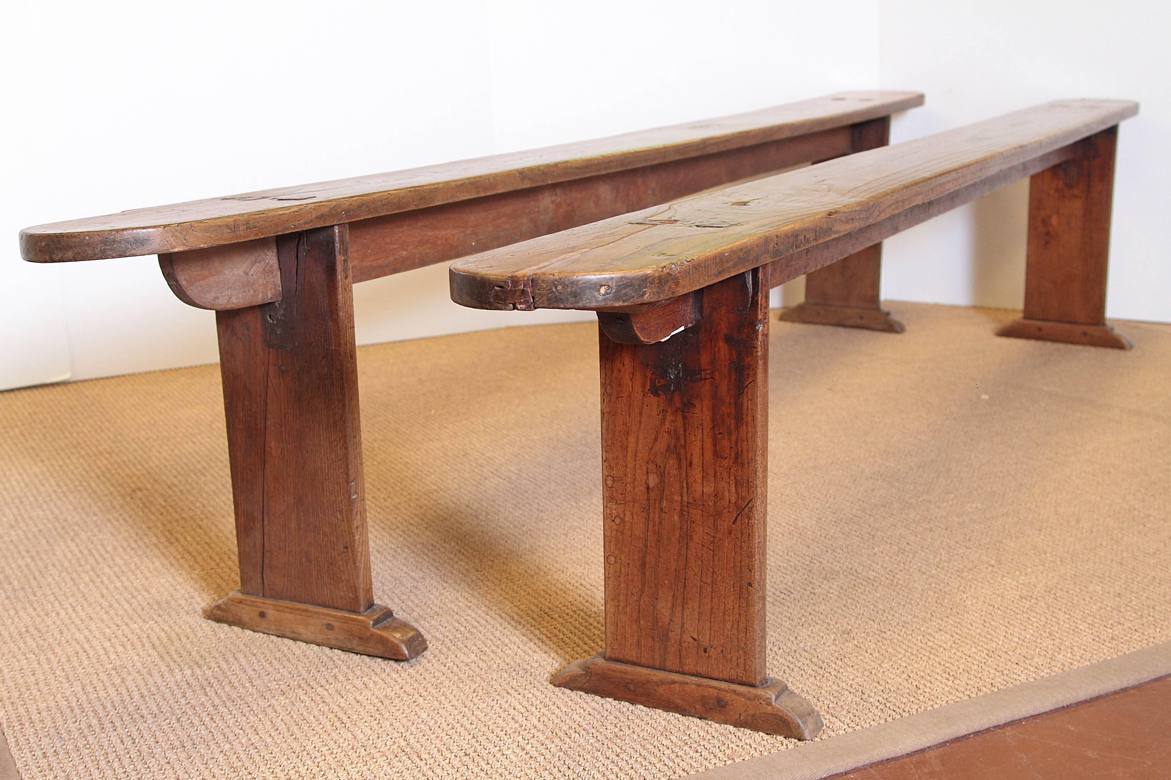 French Provincial Pair of Long Oak Meeting Benches