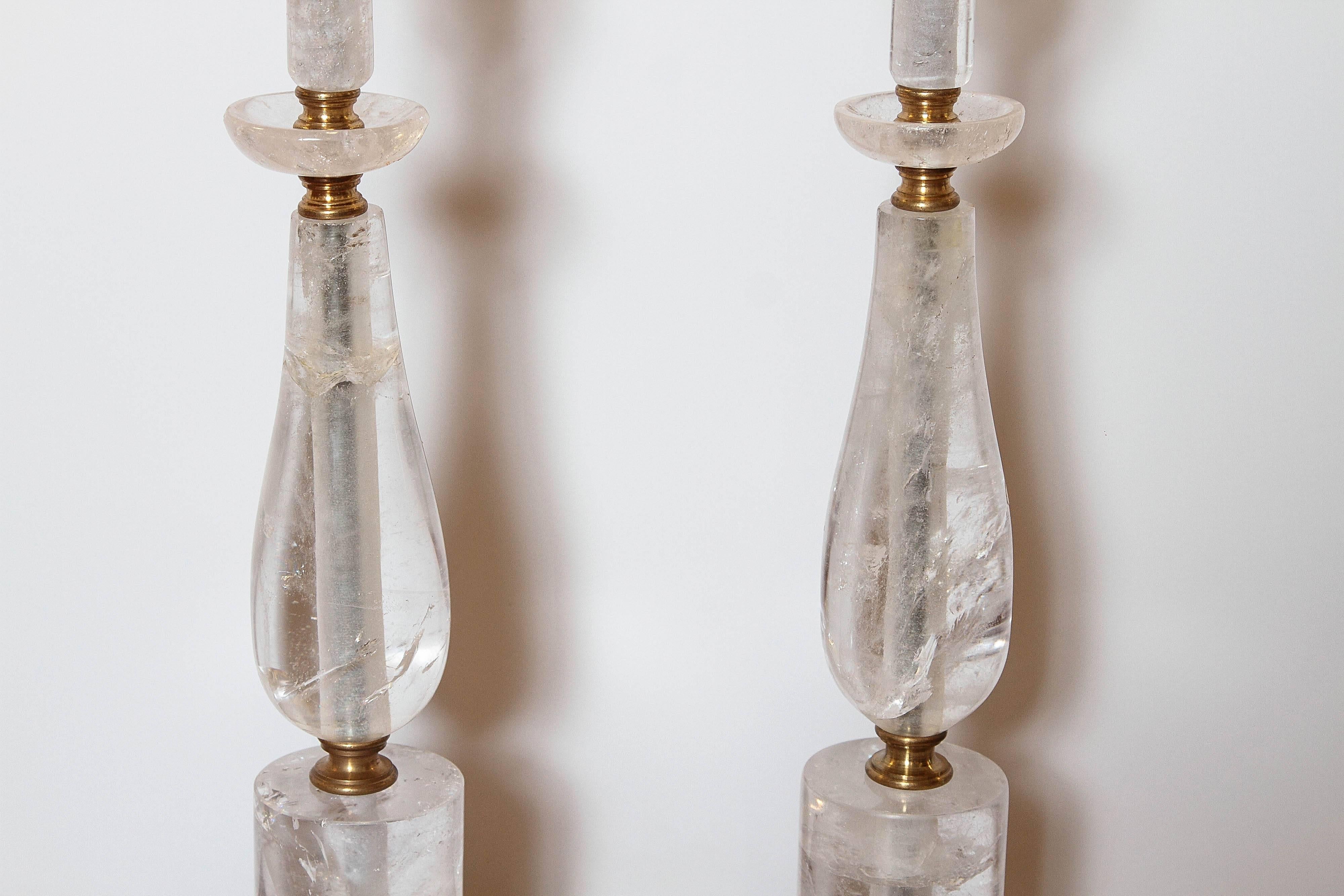 Chilean Pair of Rock Crystal Lamps with Brass Fittings