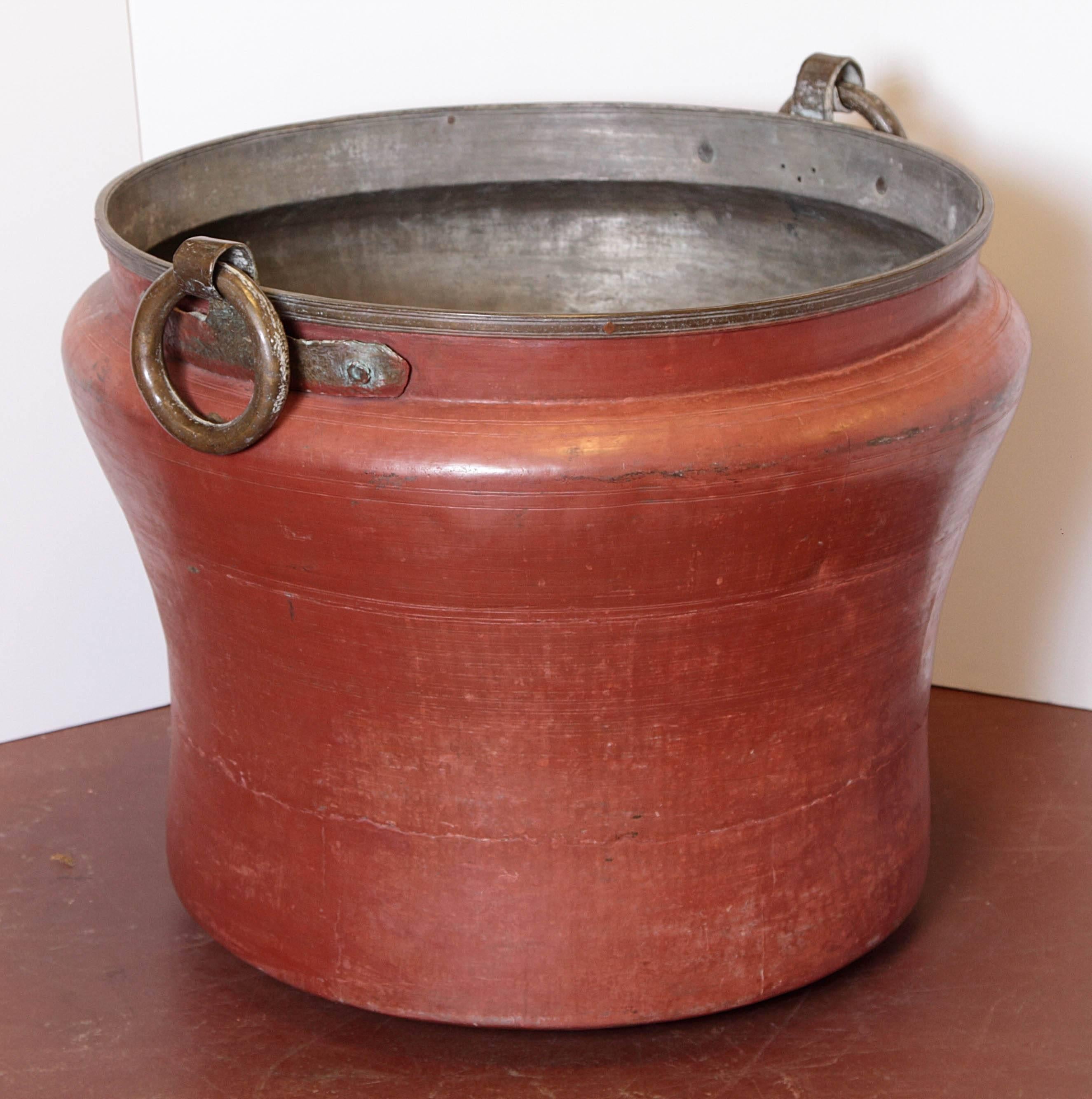 Folk Art Copper Pot Massive with Forged Metal Handles