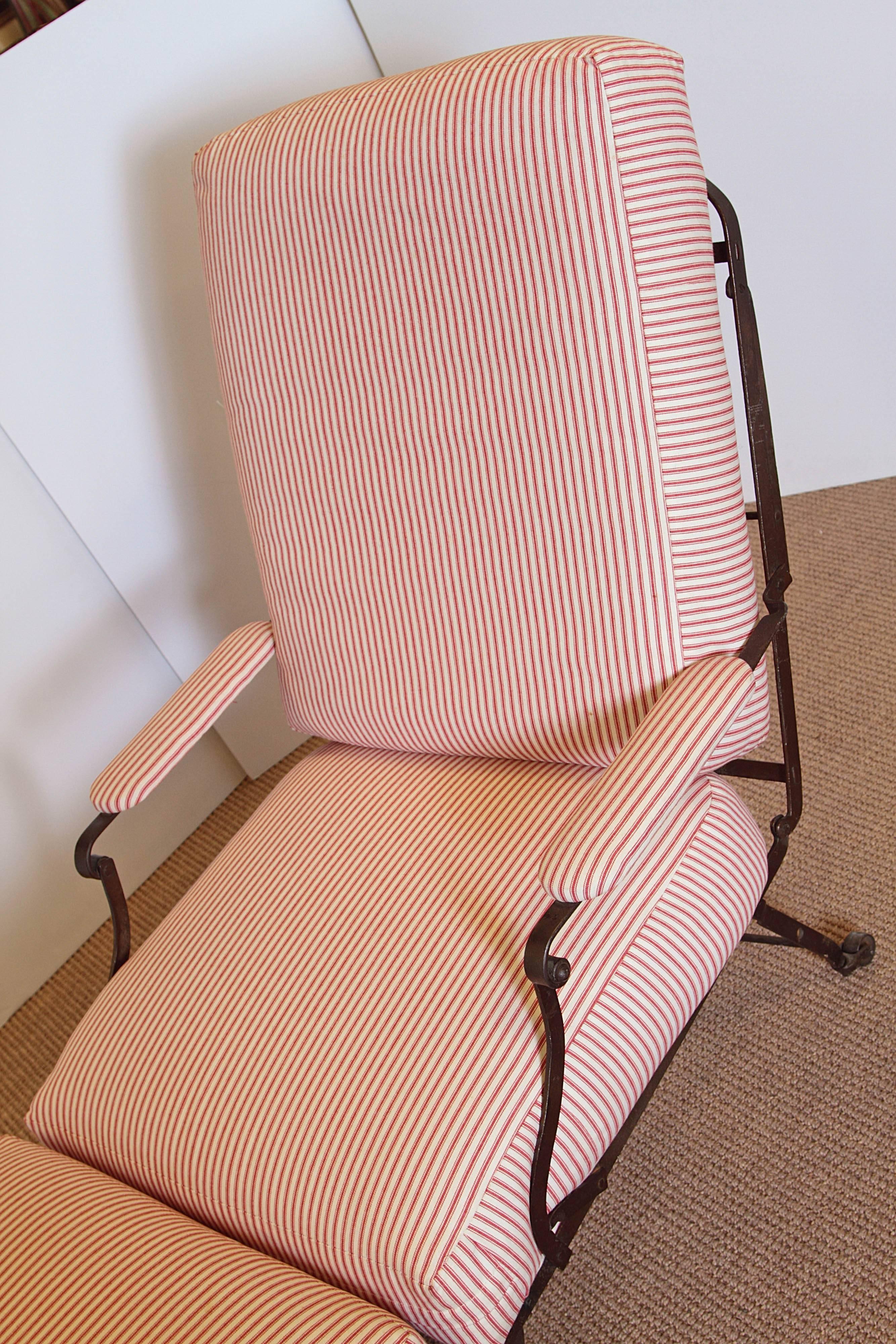 Metal French Campaign Chair with Red Ticking Cushions and Wooden Casters In Good Condition For Sale In Dallas, TX