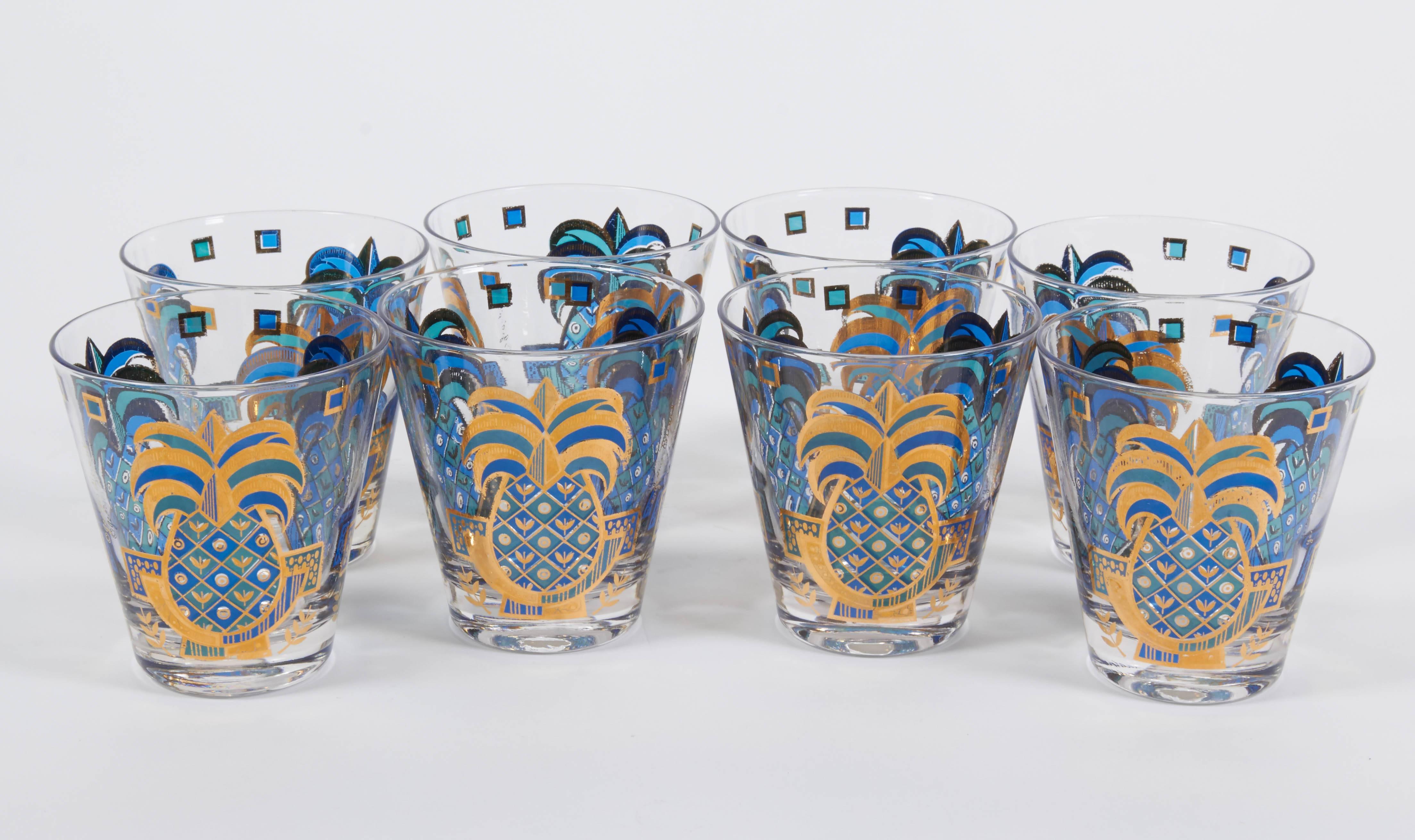 Set of eight, 1960s pineapple motif double old fashioned in teal blue and 24-karat gold by Georges Briard

Quality grade: Near mint unused vintage condition

Note: This pattern is one of the very few large-scale, geometrically-enhanced fruit